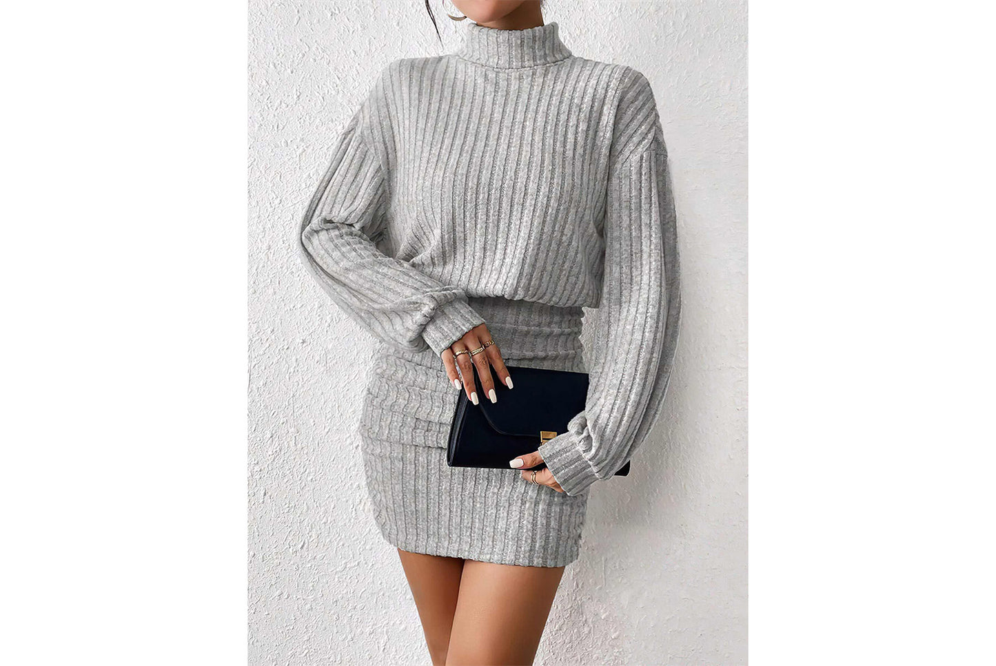 **Fashionable Ribbed Turtleneck Hip-Wrap Long-Sleeve Dress**