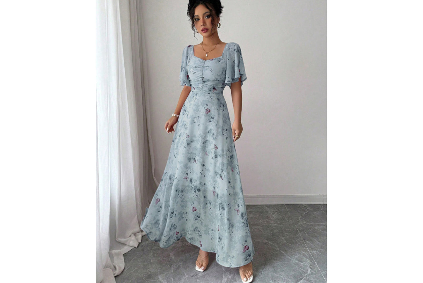 **Fashionable Square Neck Short-Sleeved Printed Chiffon Dress**