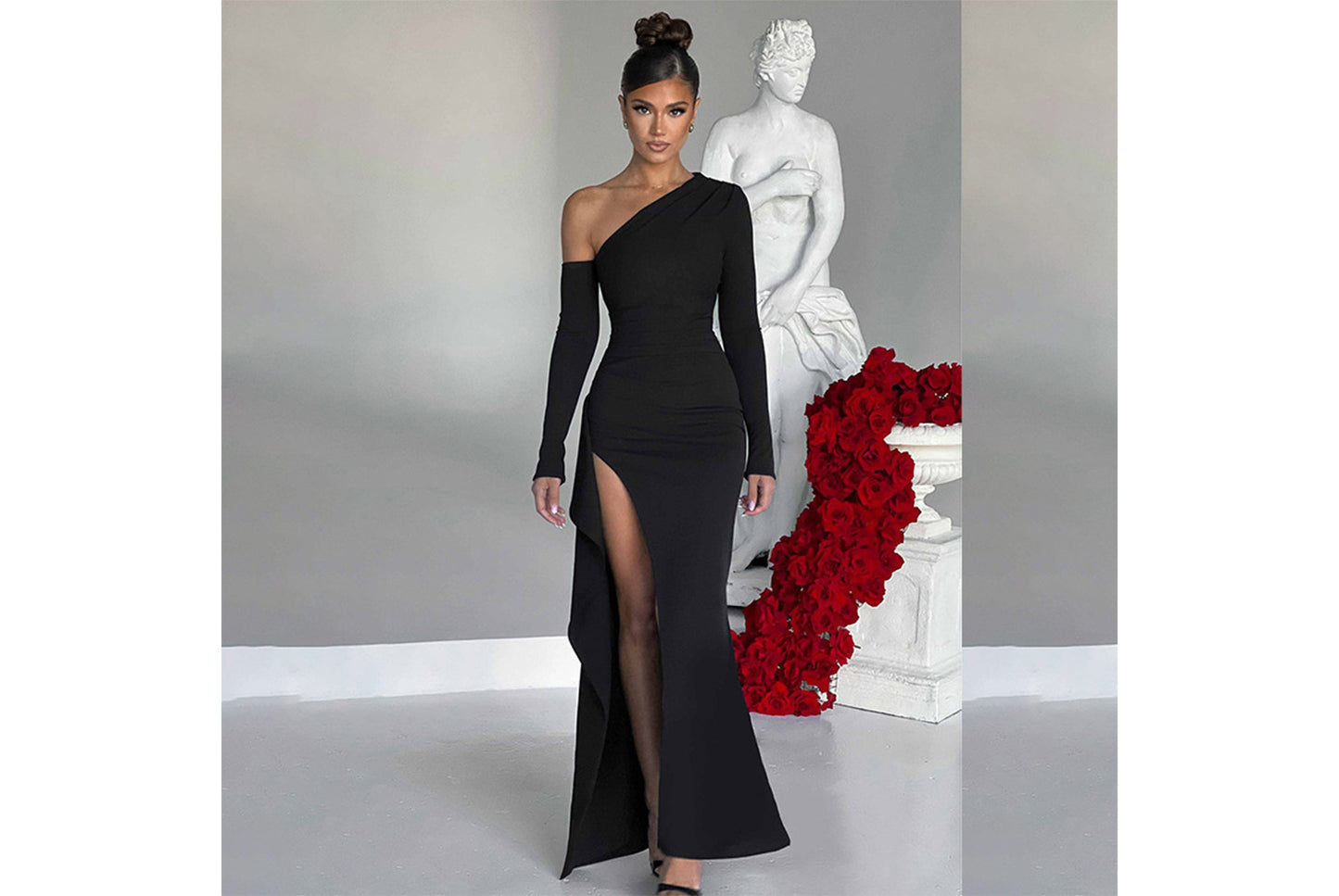 **Elegant Offset Neck, One-Sleeve, Slit Dress**