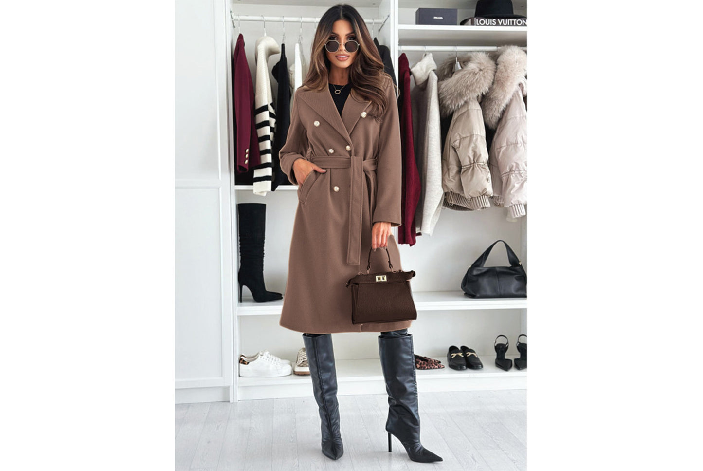 **Stylish Solid Color Double-Breasted Tie-Drawstring Wool Coat**