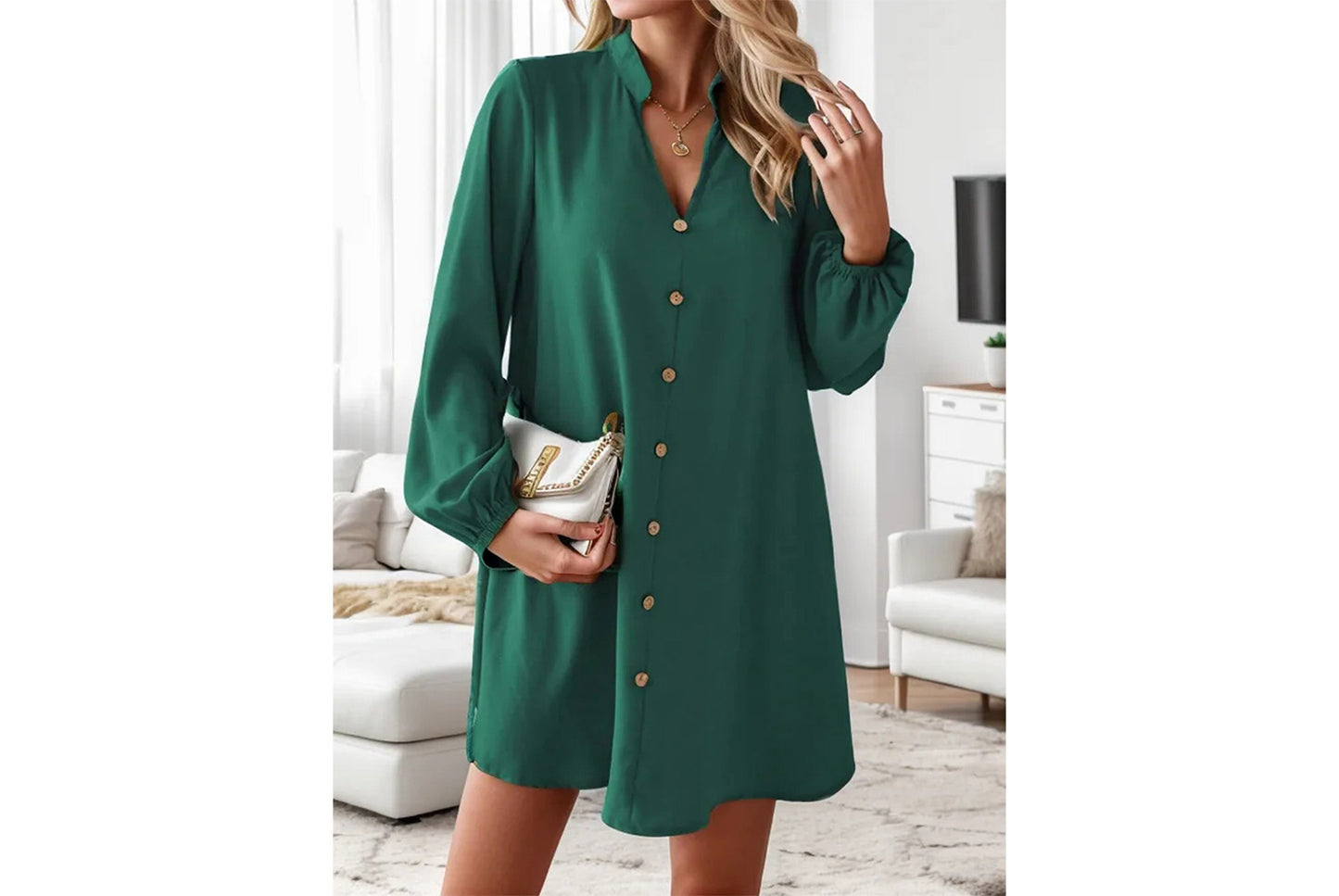 **Spring/Summer Long-Sleeved V-Neck Single-Breasted Loose-Fit Dress**