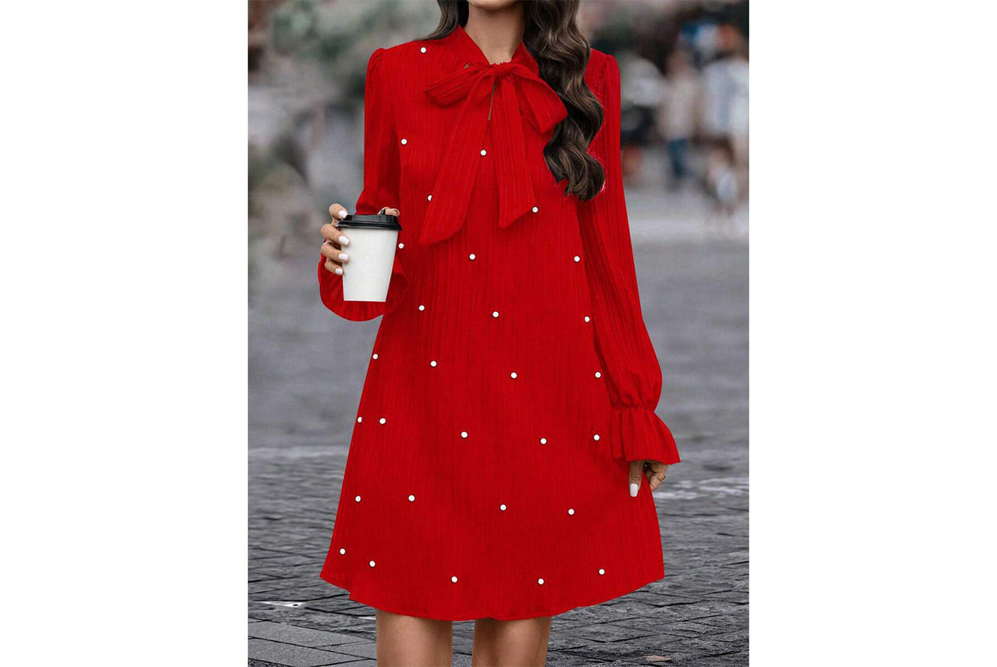 **Beaded Long-Sleeve Solid Color Loose-Fit Dress**