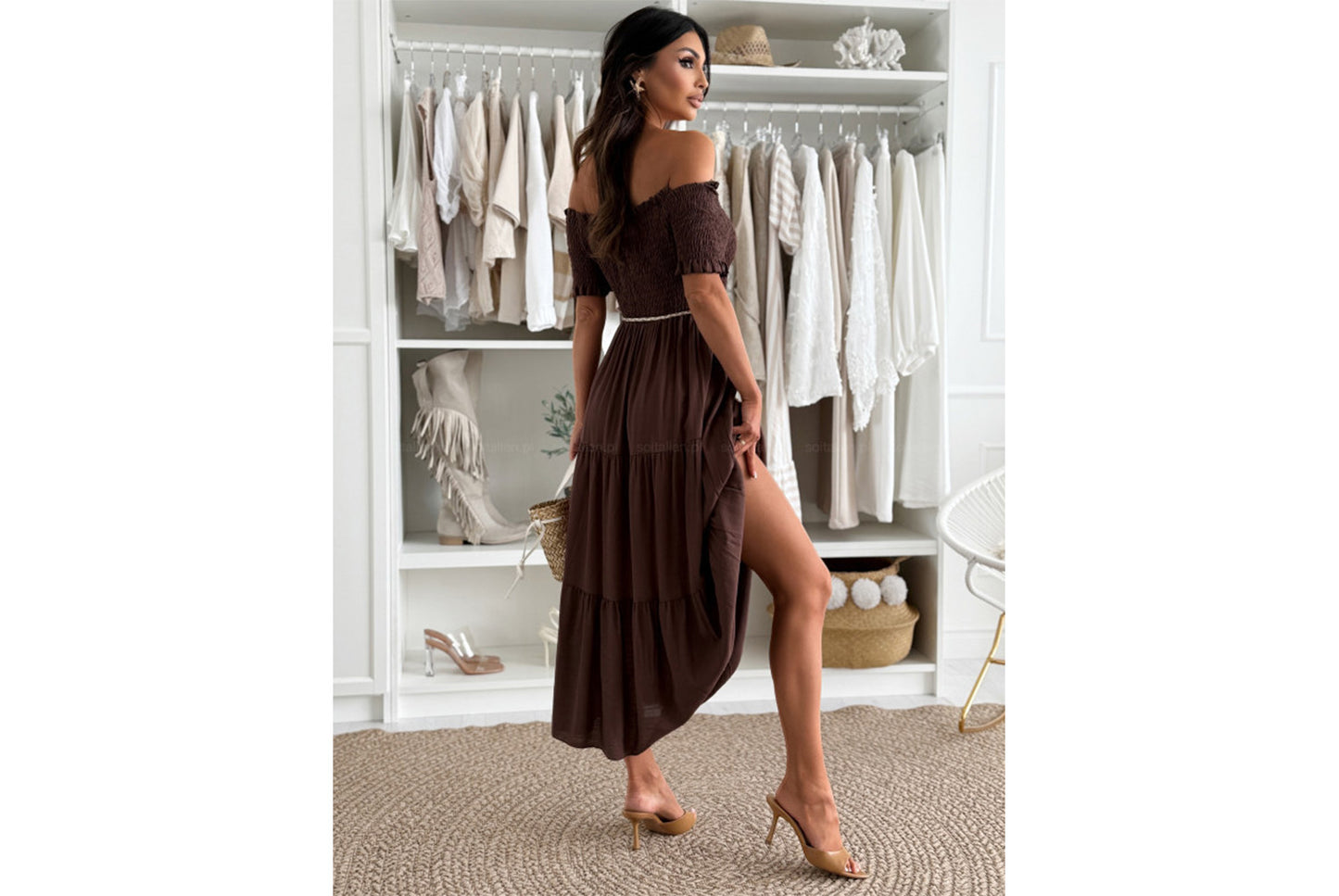 **Sexy Off-the-Shoulder Short-Sleeve Dress with Waist Tie**