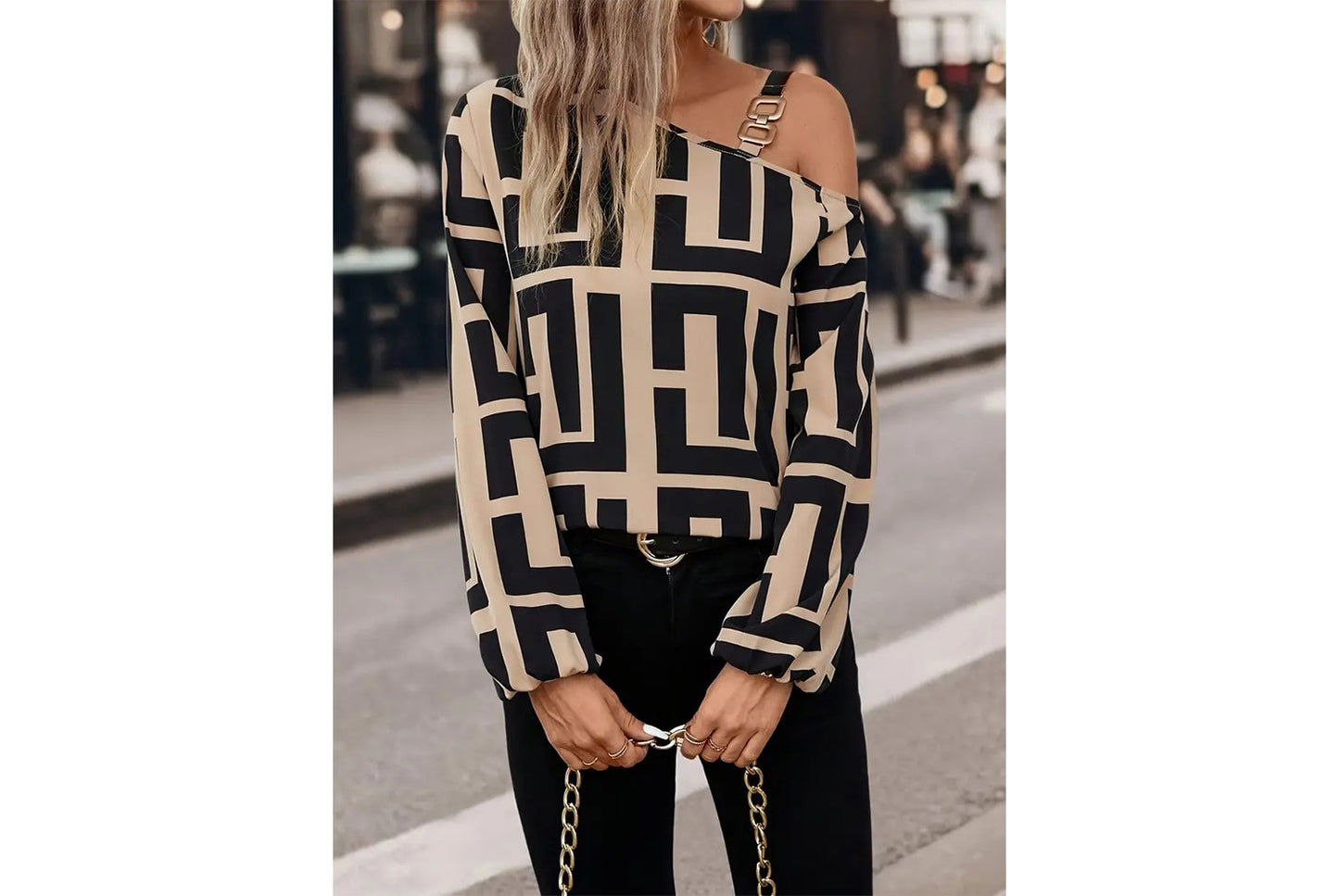 **Geometric Print Versatile Long-Sleeved, One-Neck Pullover Top**