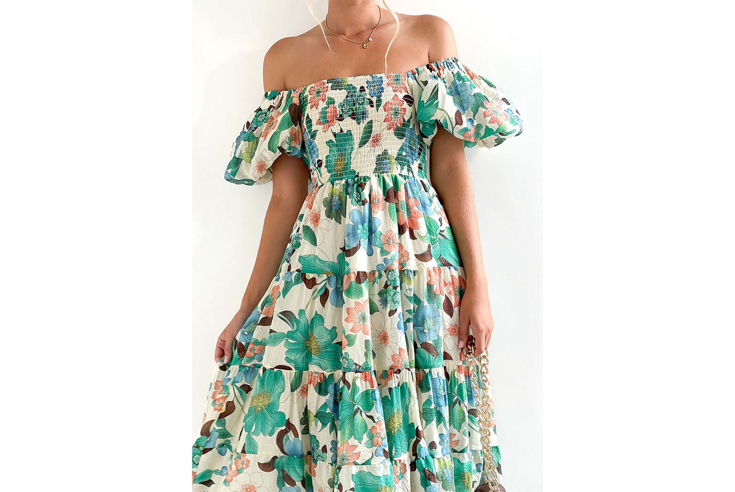 **Fashionable Off-the-Shoulder Lantern Sleeve High-Waisted One-Shoulder Dress**