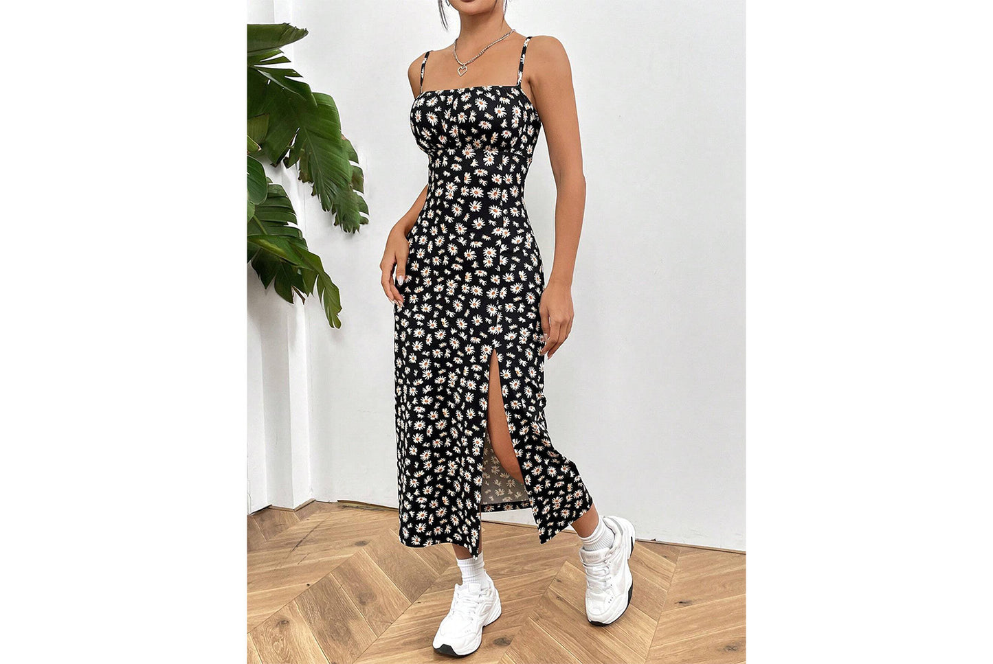 **High-Slit Daisy Print Dress**