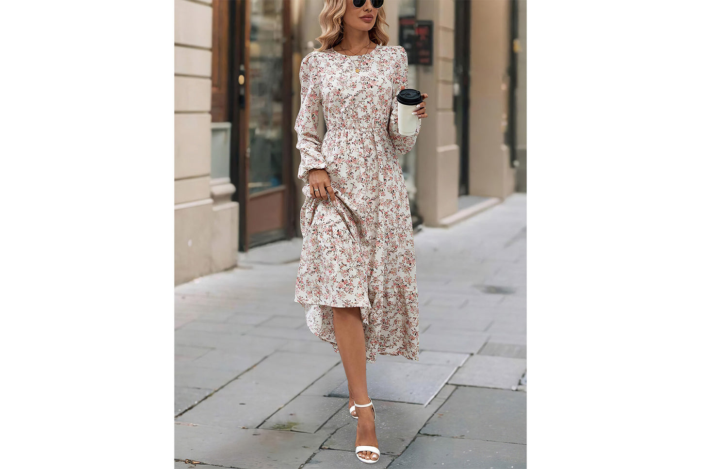 **Printed Round Neck Long-Sleeved Ruffle Dress**