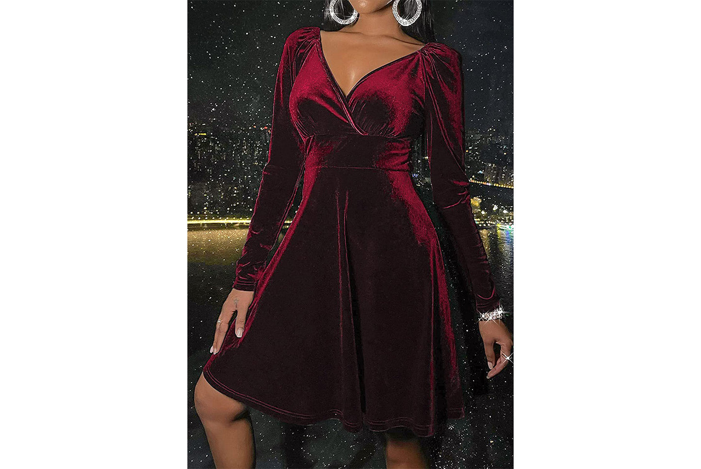 **Festive Christmas Long-Sleeved V-Neck Dress**