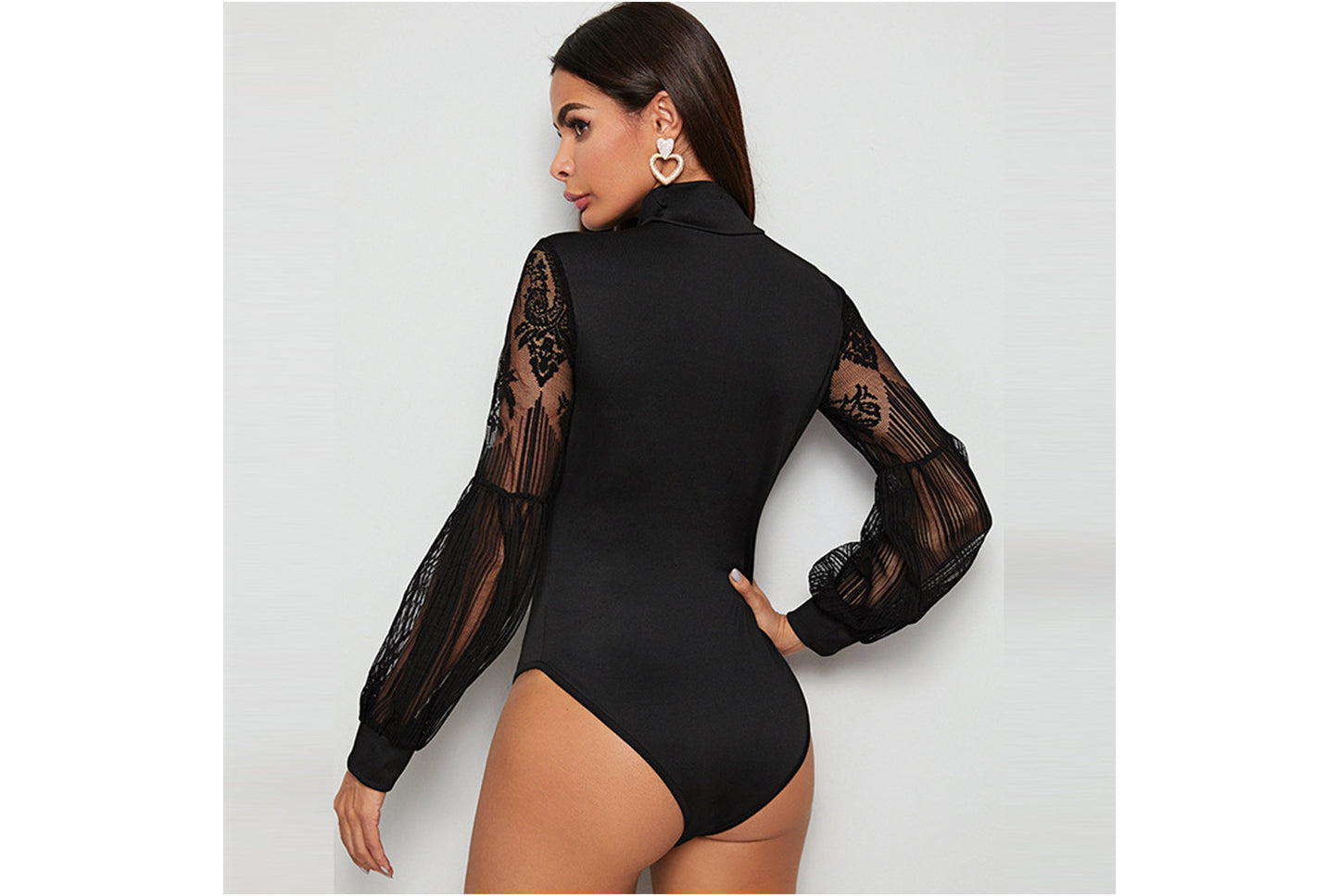 Lace Panel Slim Fit Fashion Long Sleeve Bodysuit for Women