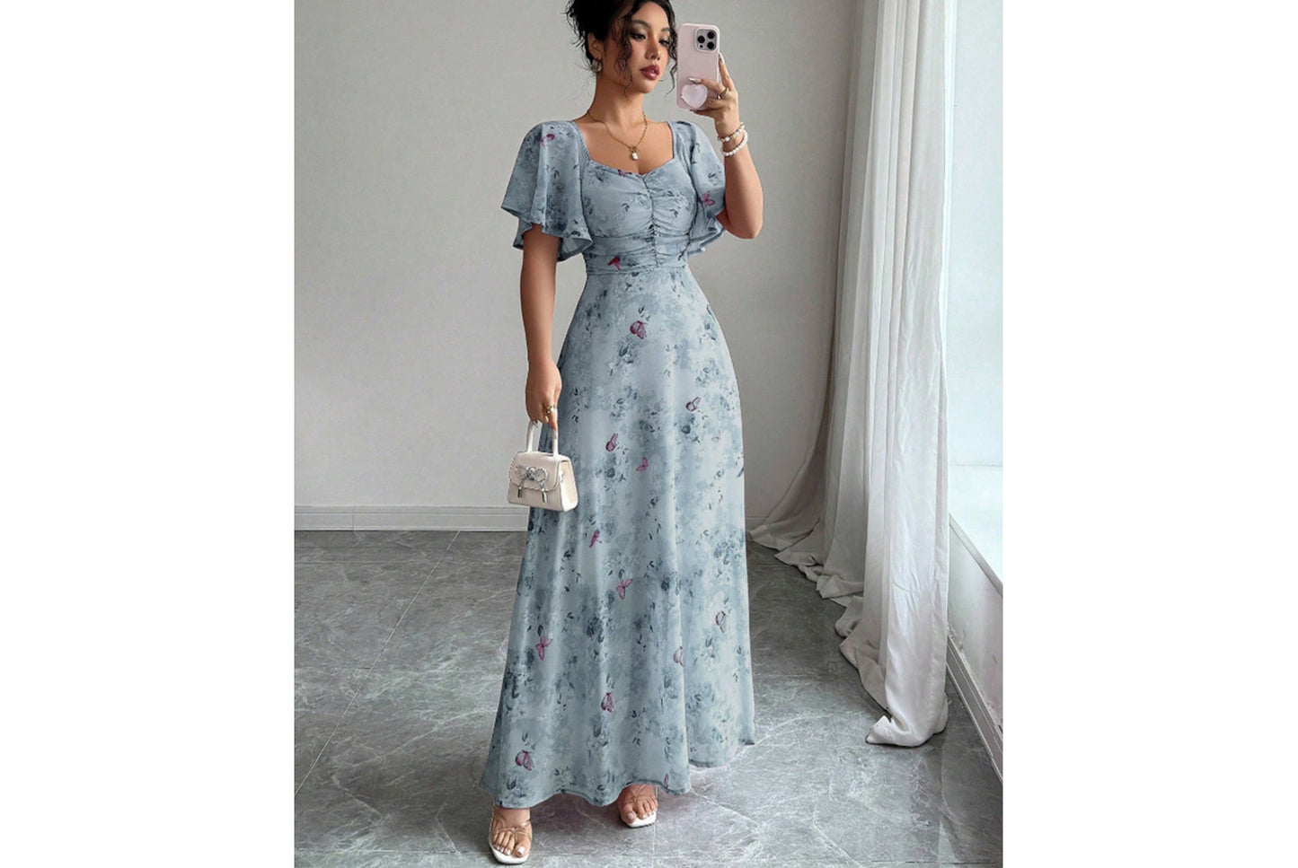 **Fashionable Square Neck Short-Sleeved Printed Chiffon Dress**