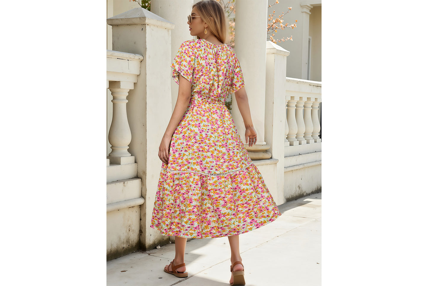 **Hollow Lace Trim and Ruffle Short-Sleeve Dress**