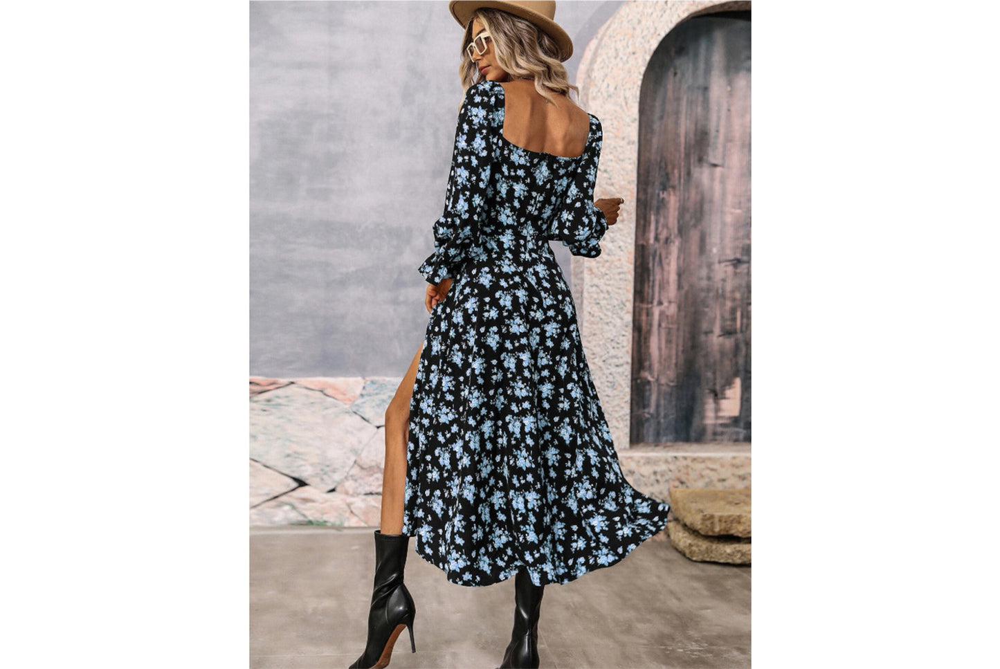 **Fashionable Printed Long-Sleeved Slit Dress for Women**