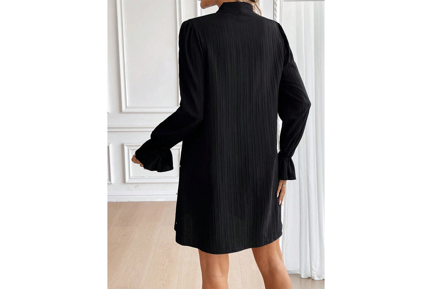 **Beaded Long-Sleeve Solid Color Loose-Fit Dress**
