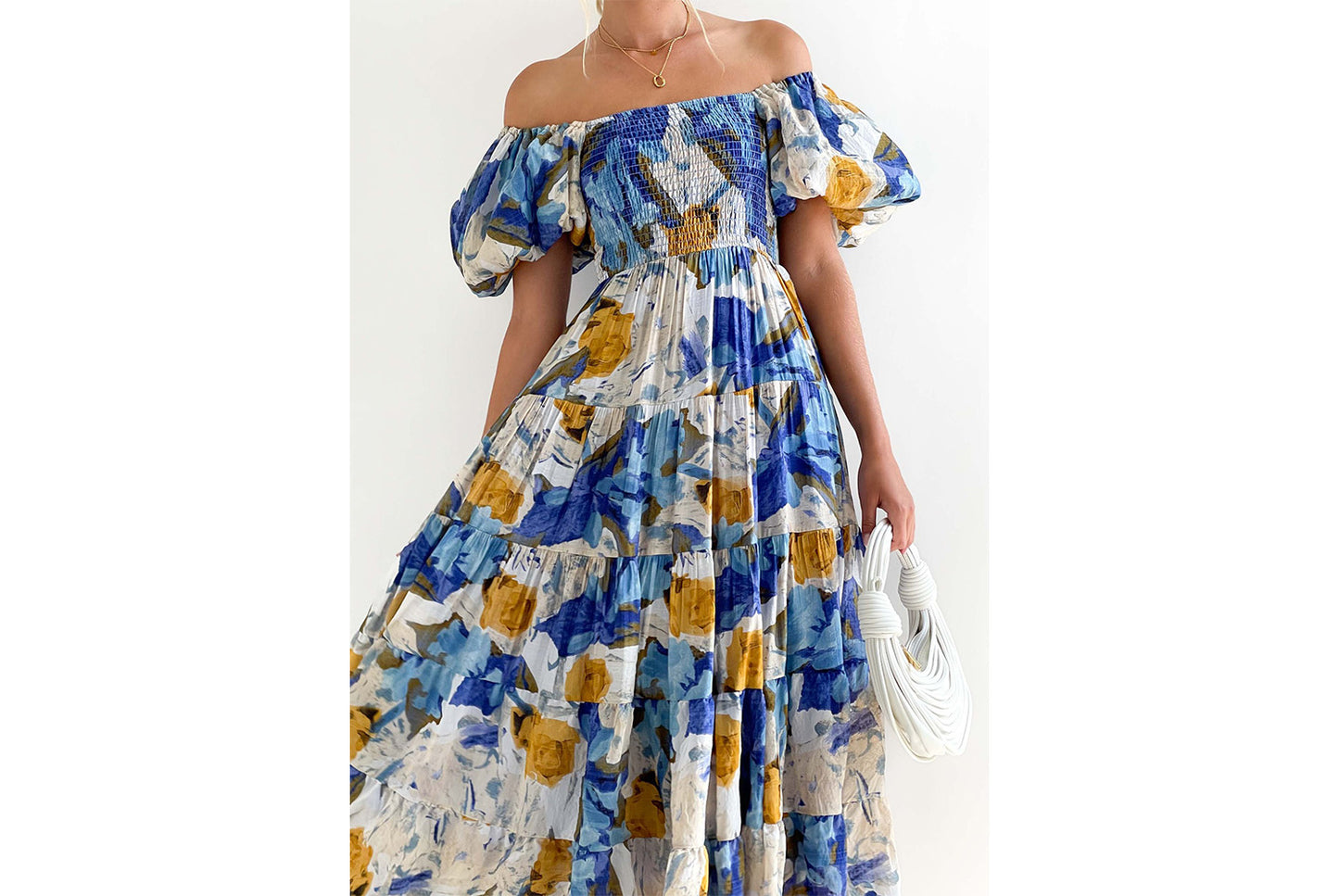 **Fashionable Off-the-Shoulder Lantern Sleeve High-Waisted One-Shoulder Dress**