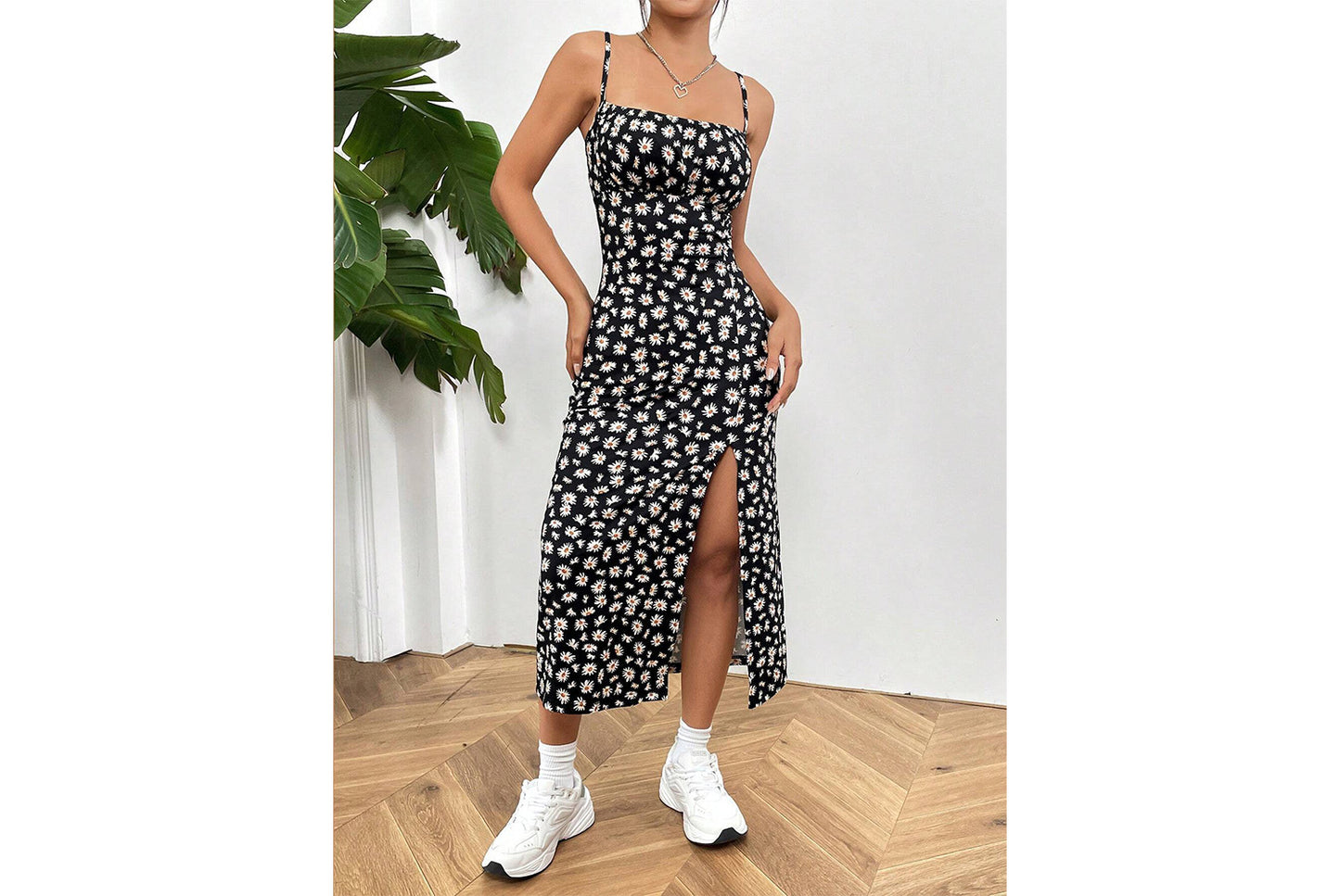 **High-Slit Daisy Print Dress**