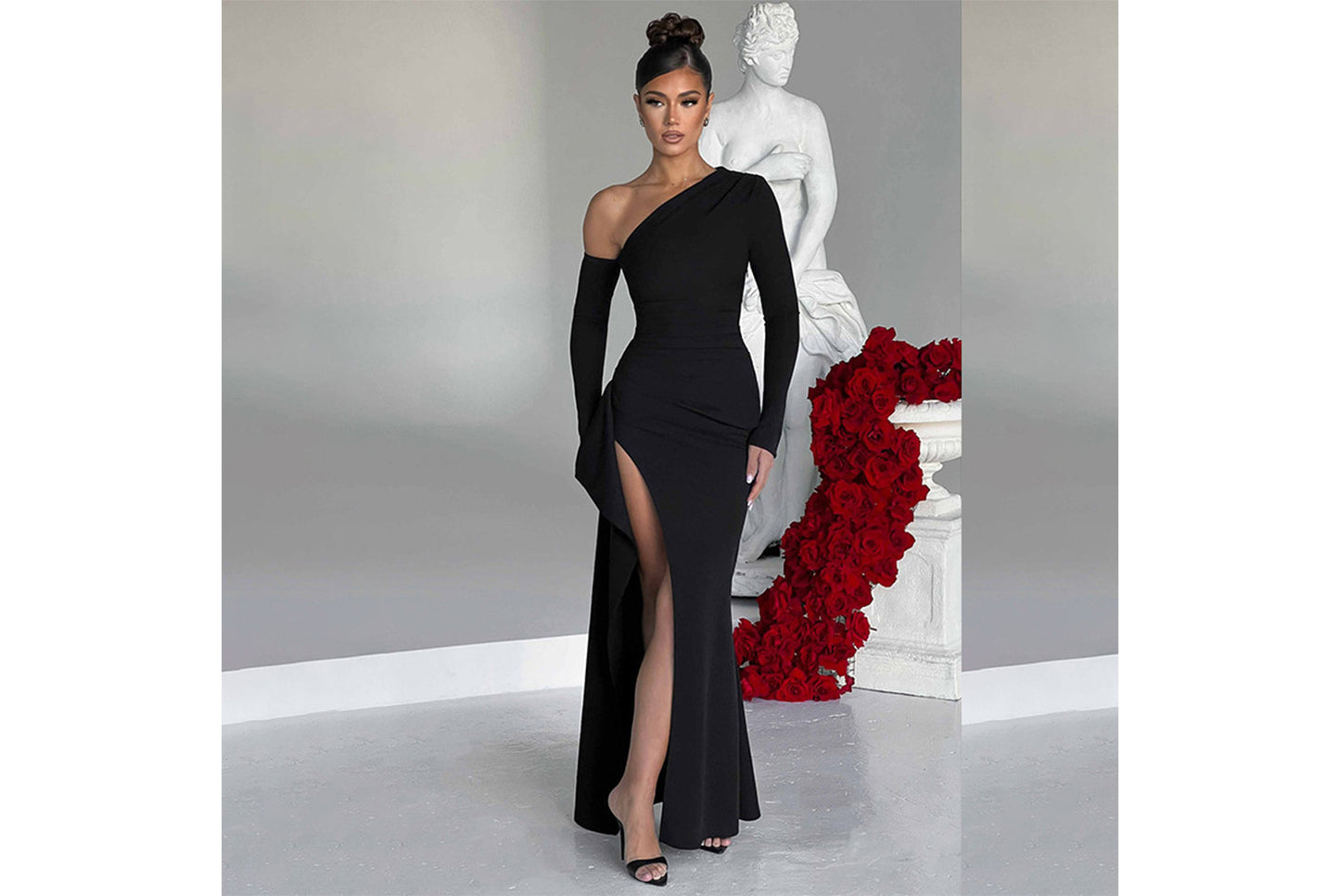 **Elegant Offset Neck, One-Sleeve, Slit Dress**