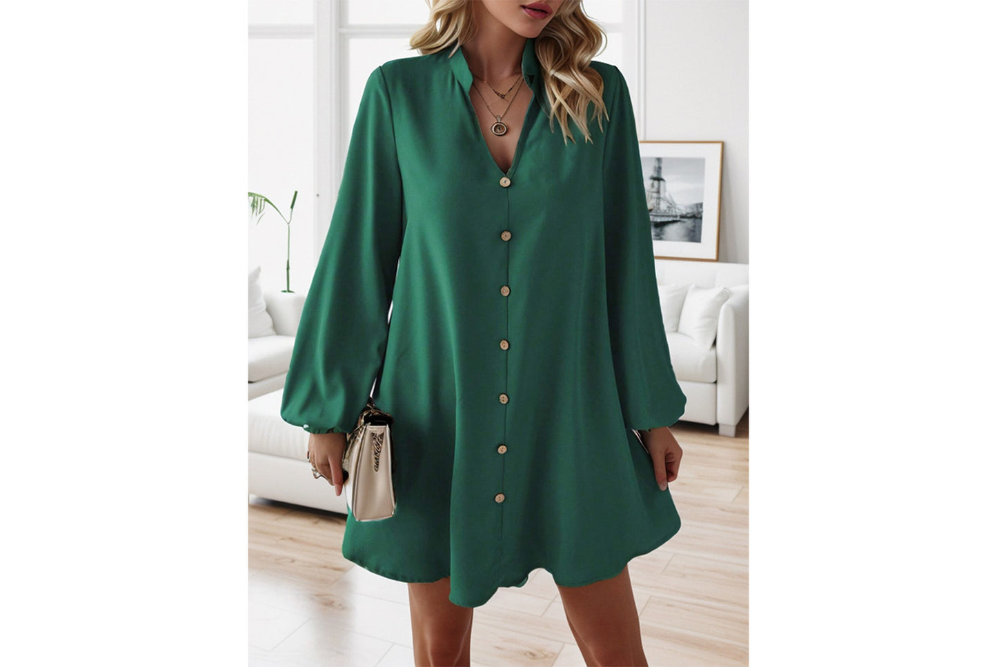 **Spring/Summer Long-Sleeved V-Neck Single-Breasted Loose-Fit Dress**