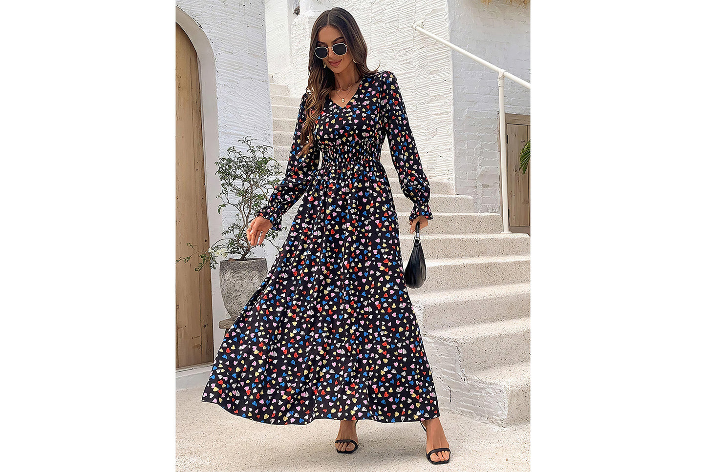 **Printed Maxi V-Neck Long-Sleeved Swing Dress**