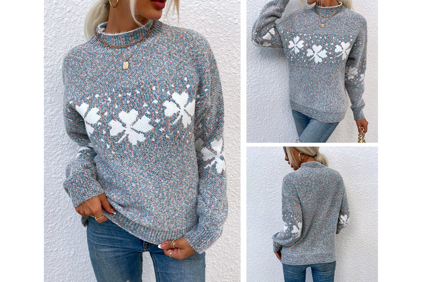 **Christmas Snowflake Sweater Casual Half-Turtleneck Sweater**