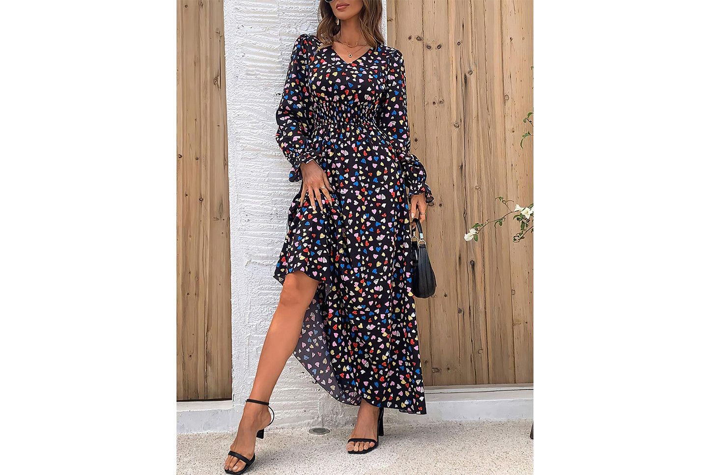 **Printed Maxi V-Neck Long-Sleeved Swing Dress**