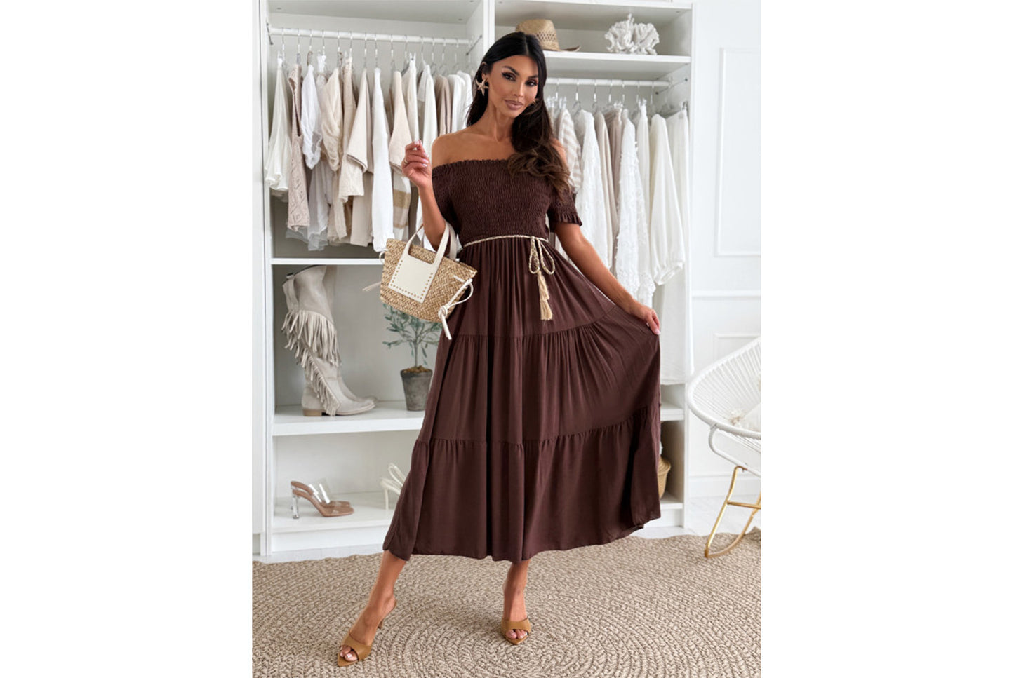 **Sexy Off-the-Shoulder Short-Sleeve Dress with Waist Tie**