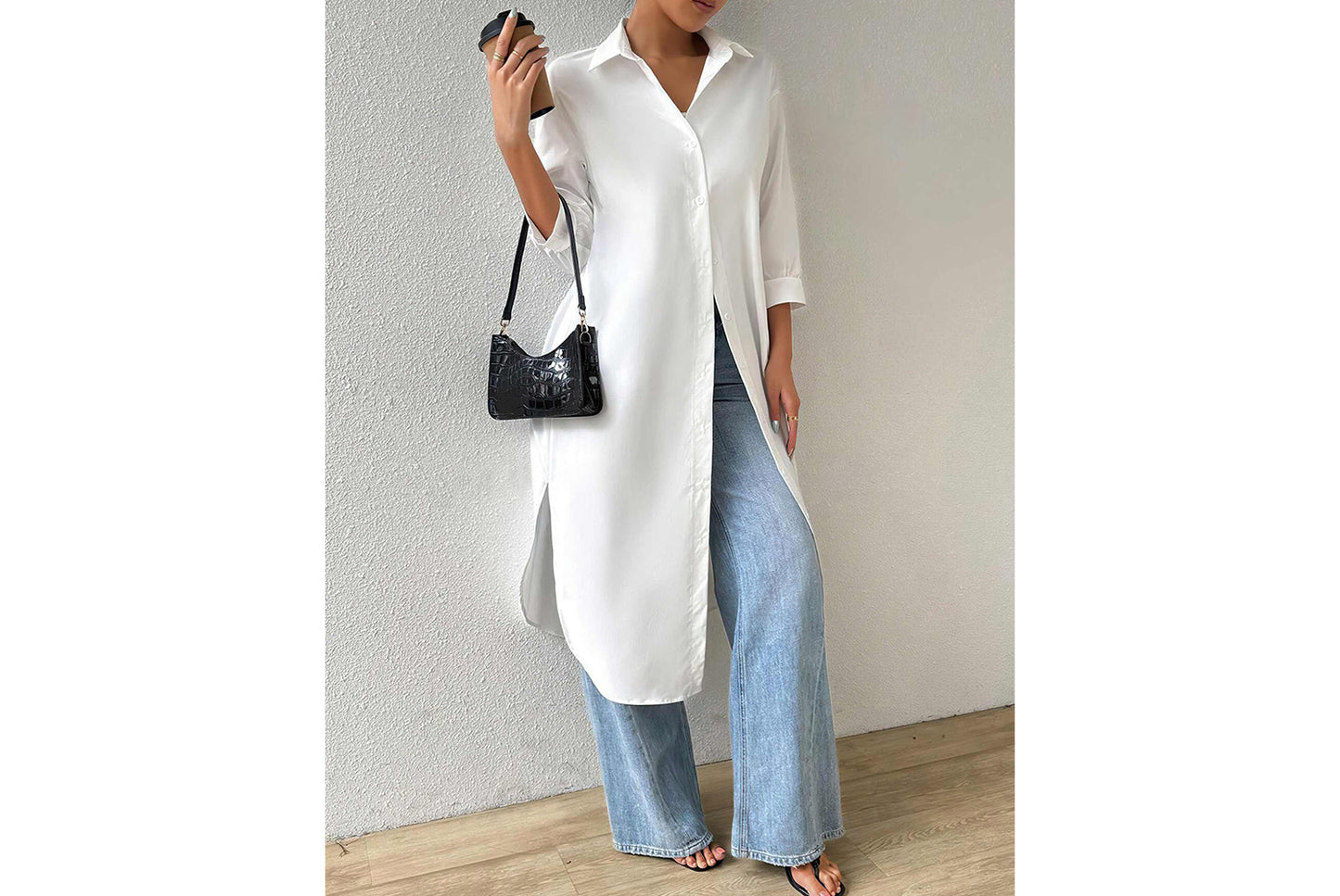 **Versatile Long Solid Color Cardigan Shirt with Mid-Sleeves**