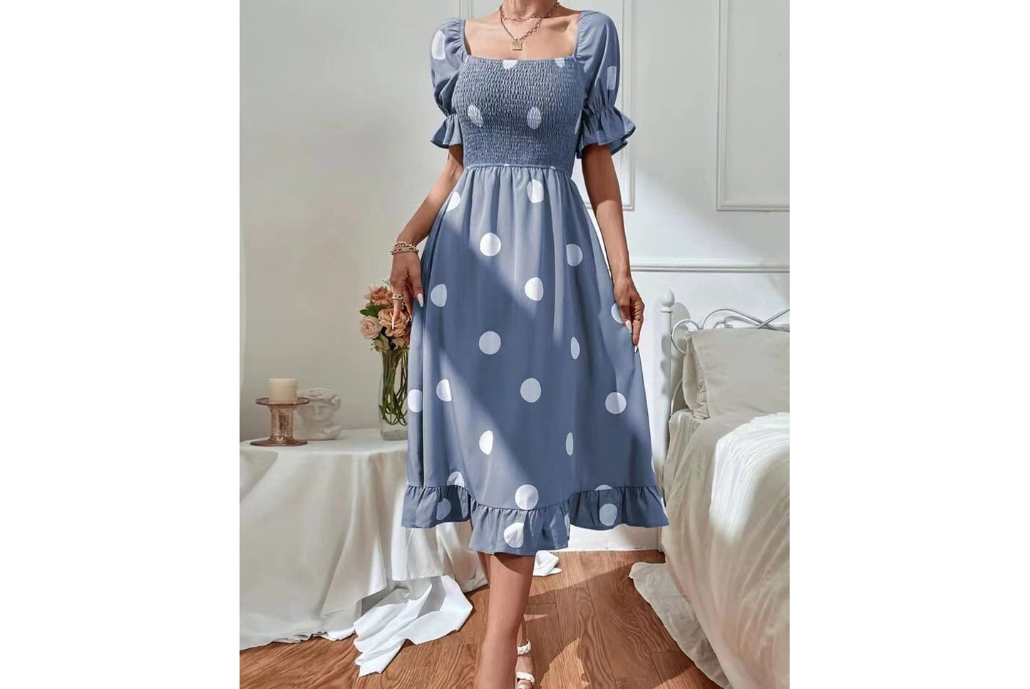 **Ruffled Fitted Short-Sleeve Dress**