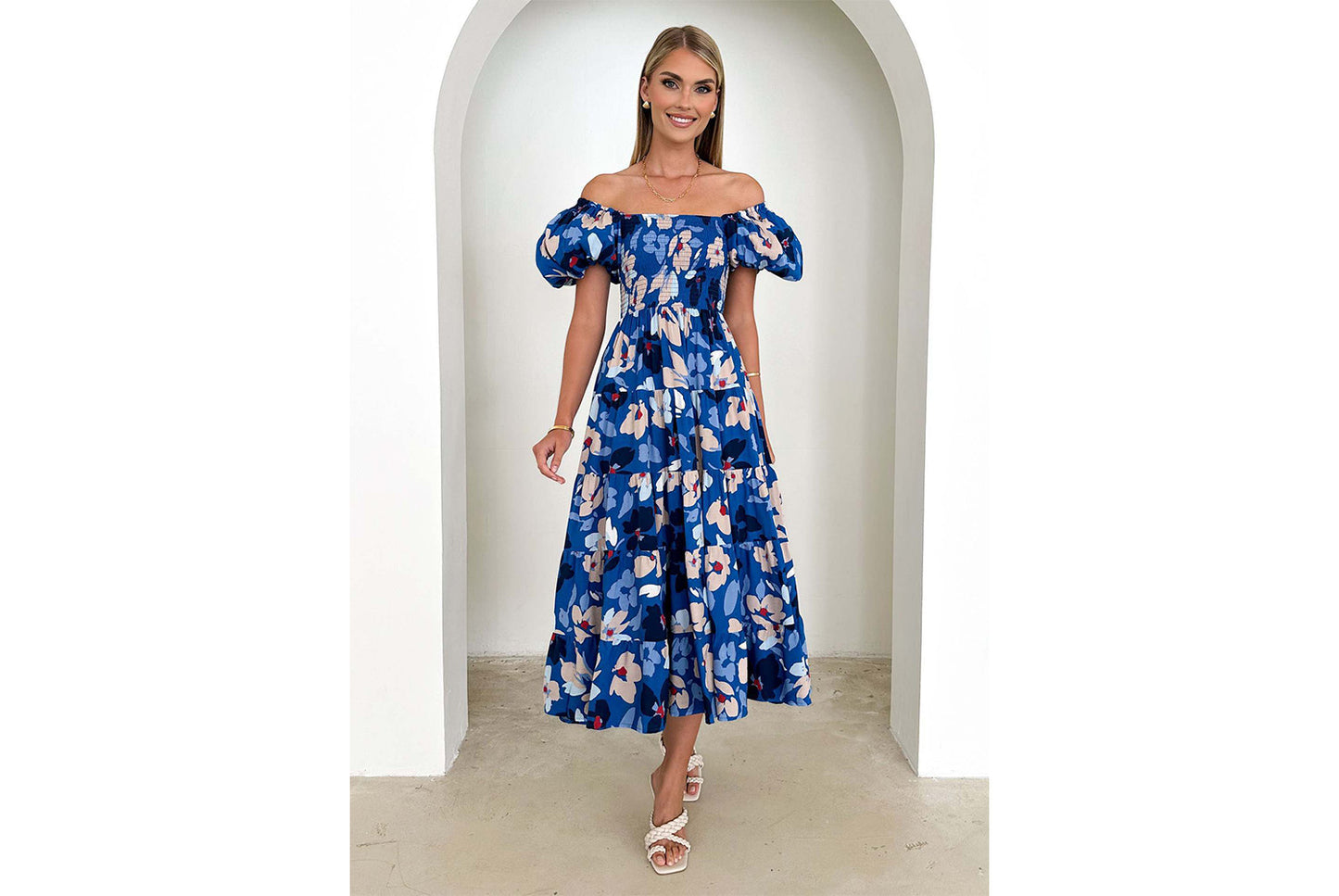 **Lantern Sleeve High-Waisted, One-Way Neck Print Dress**