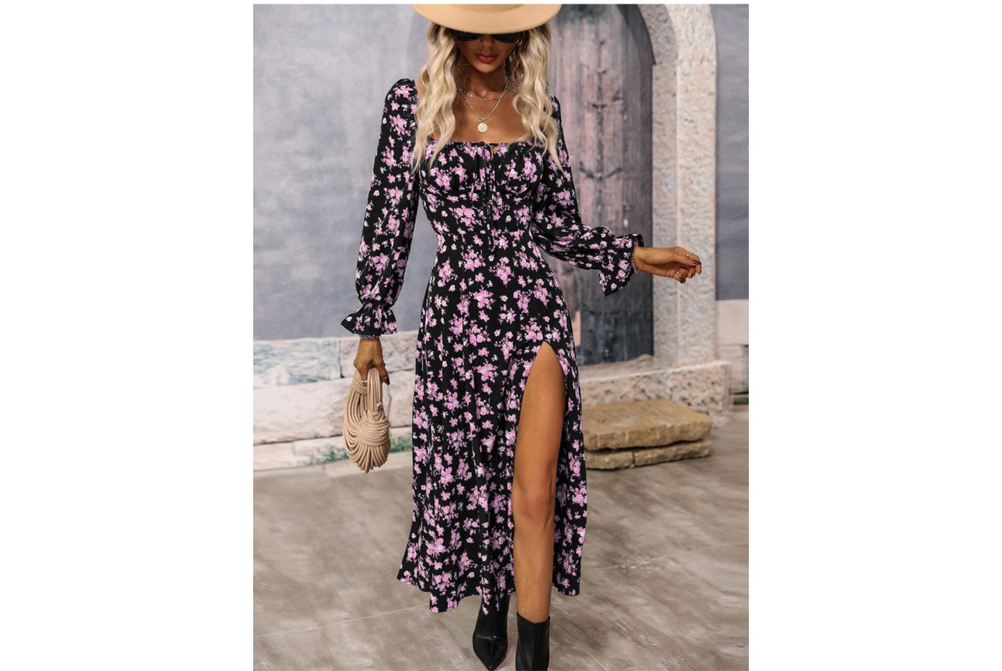 **Fashionable Printed Long-Sleeved Slit Dress for Women**