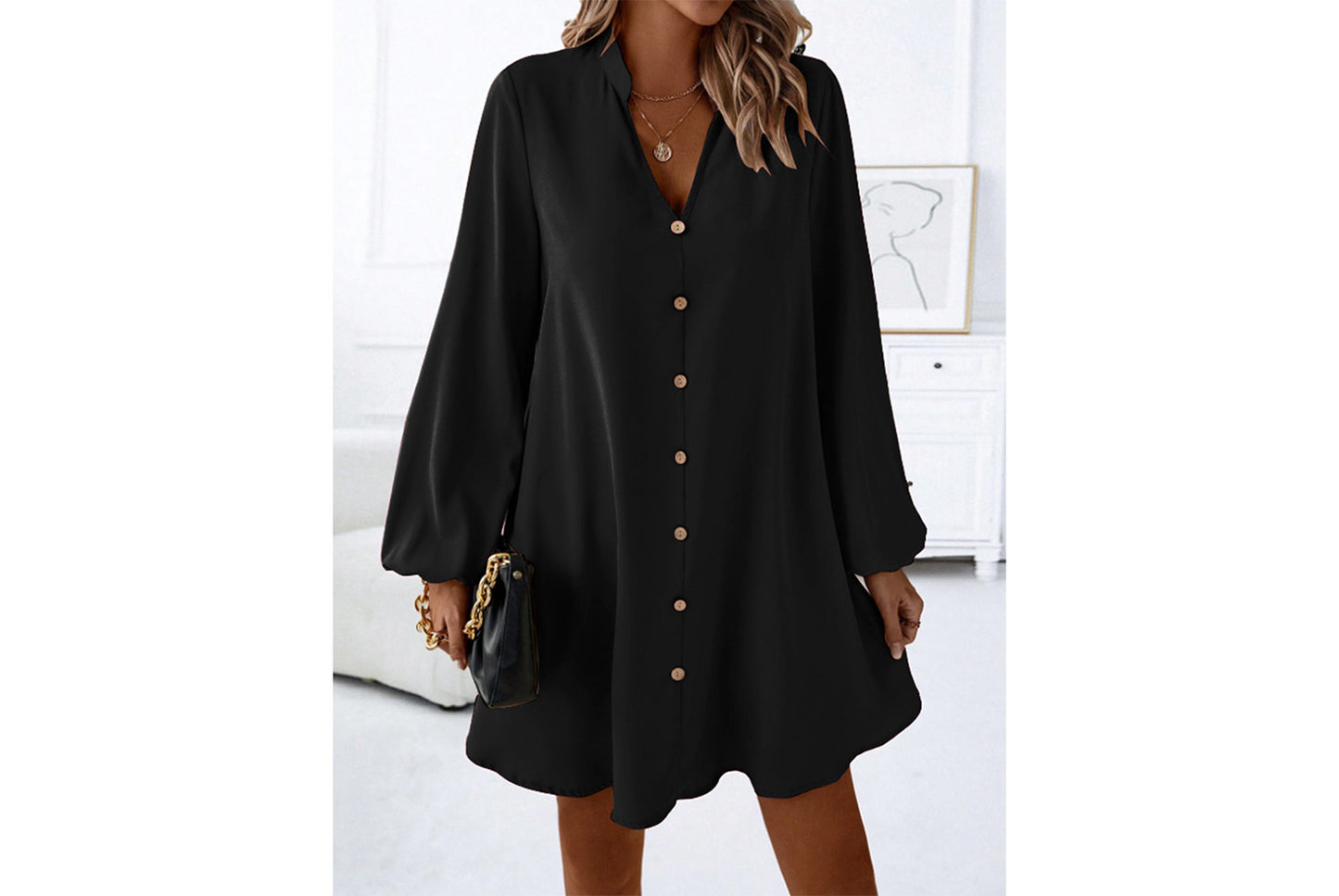 **Spring/Summer Long-Sleeved V-Neck Single-Breasted Loose-Fit Dress**