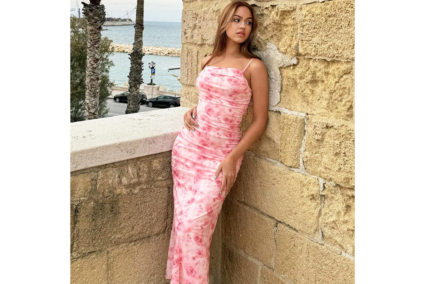 **Printed Sleeveless Fitted Hip Dress**