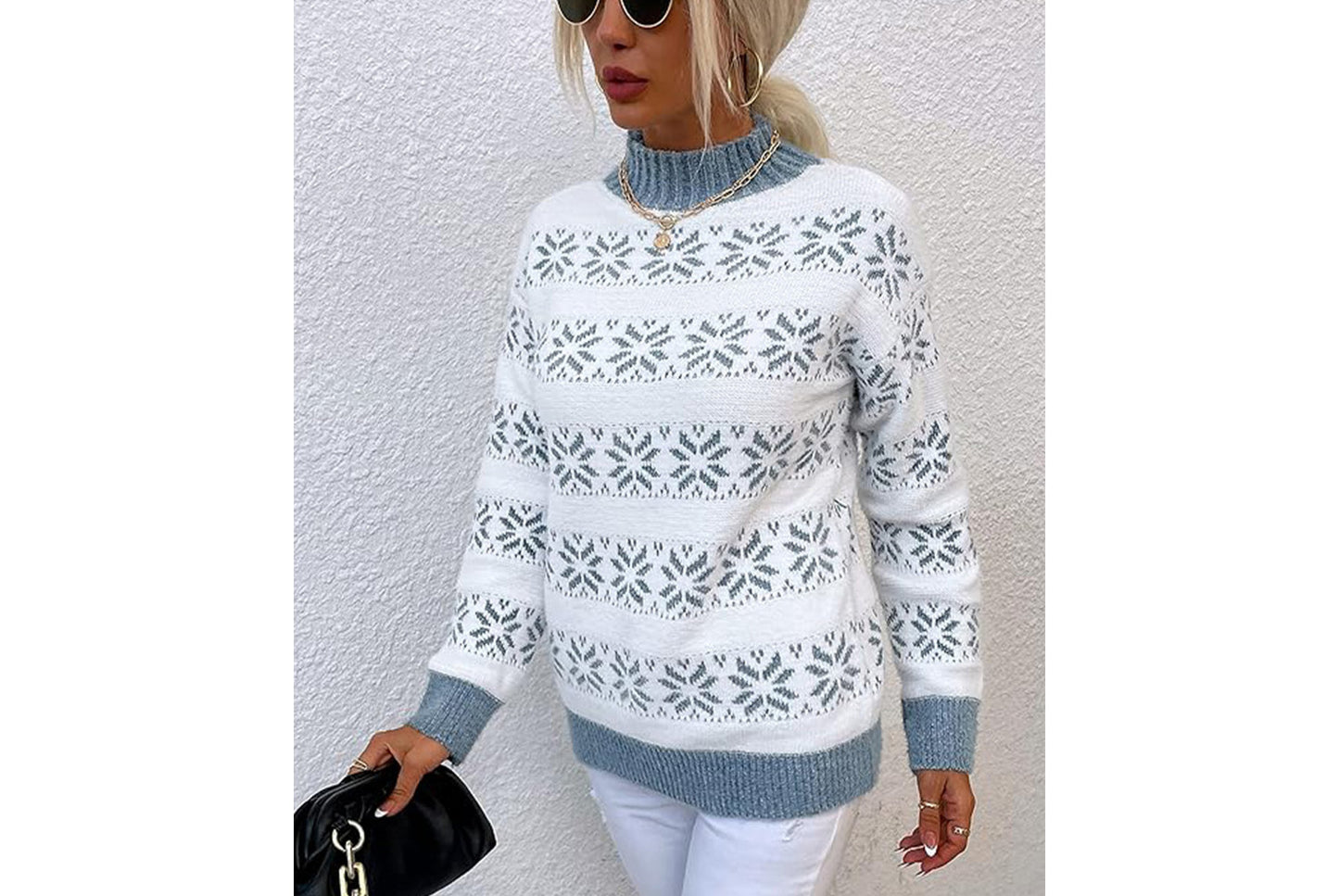 **Snowflake Pattern Half-Turtleneck Sweater Top**