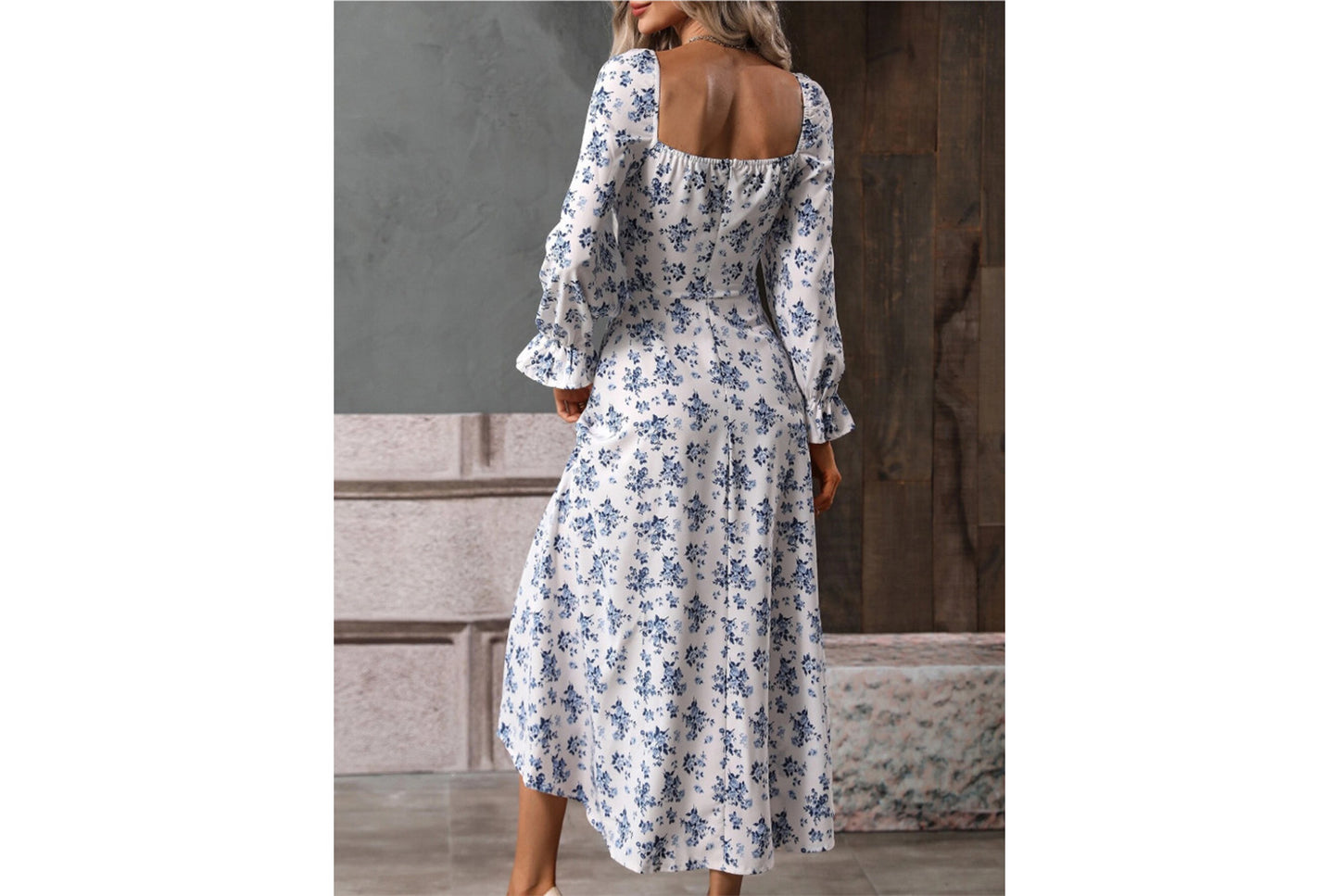 **Fashionable Printed Long-Sleeved Slit Dress for Women**