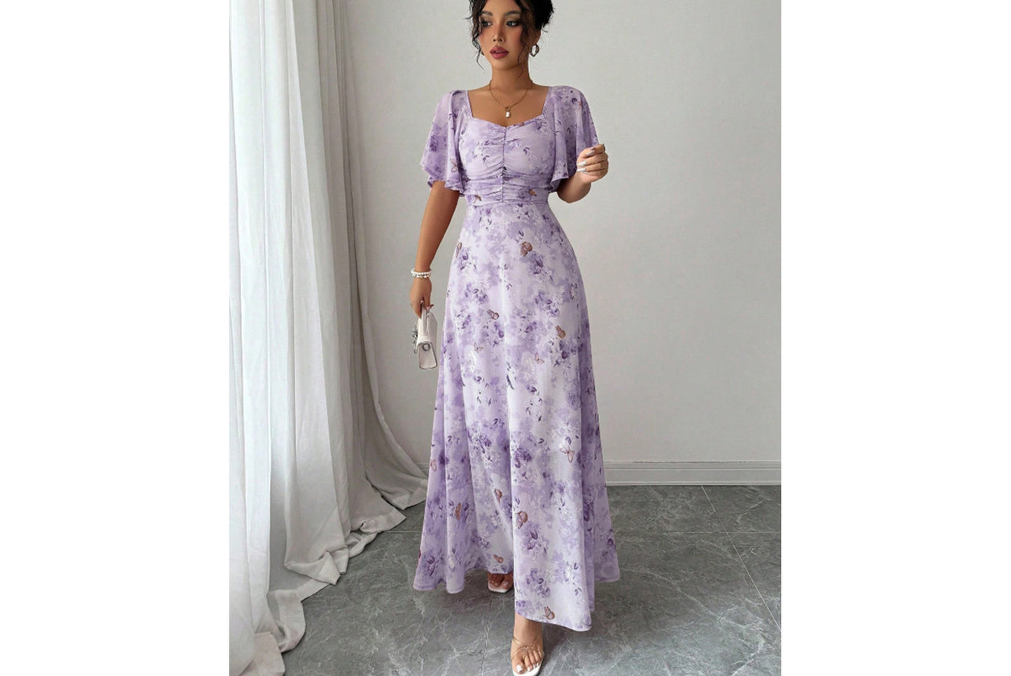 **Fashionable Square Neck Short-Sleeved Printed Chiffon Dress**