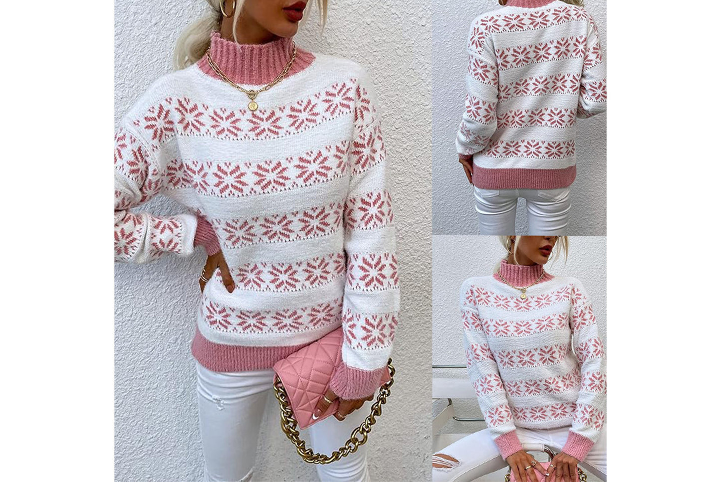 **Snowflake Pattern Half-Turtleneck Sweater Top**