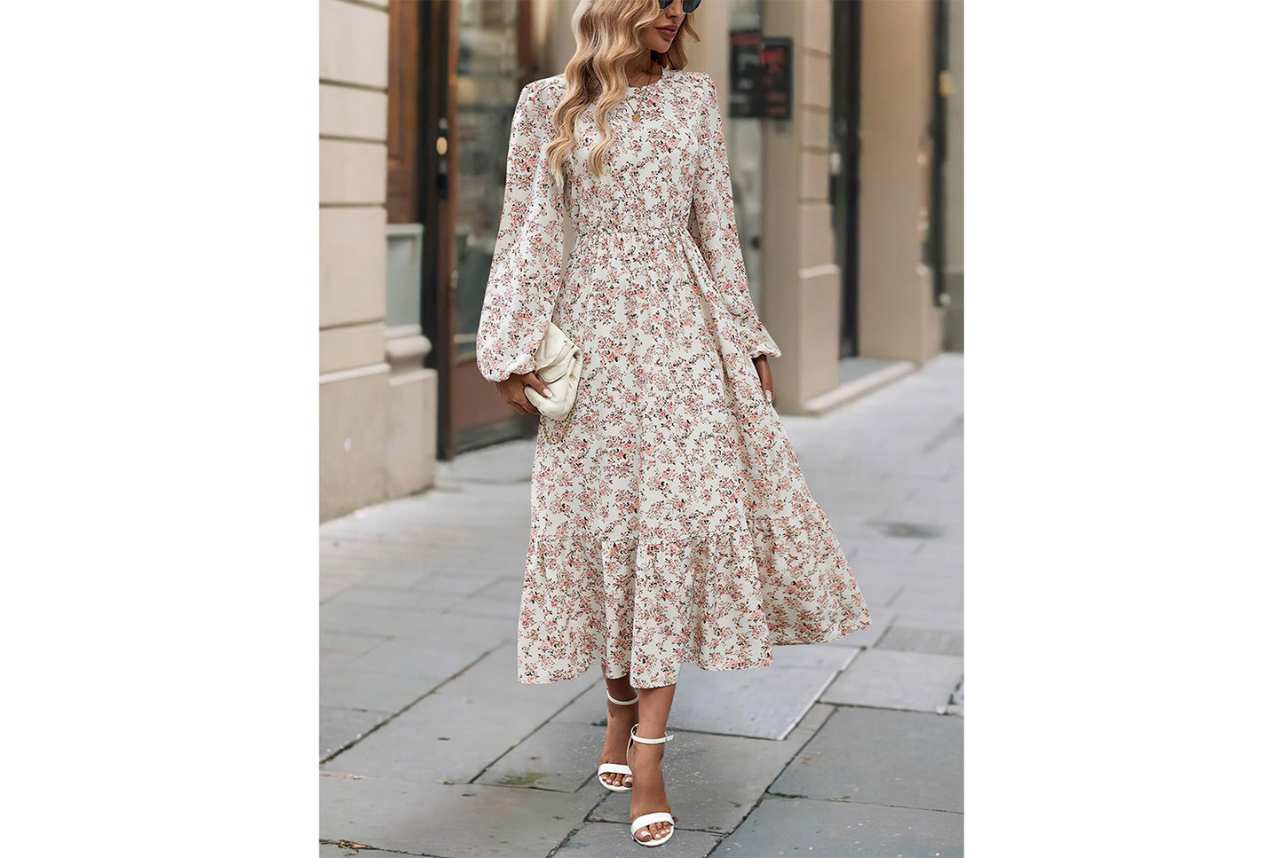 **Printed Round Neck Long-Sleeved Ruffle Dress**