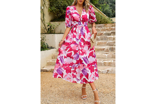 **Elegant Chiffon Printed Dress with a Waist Fit and V-Neck**