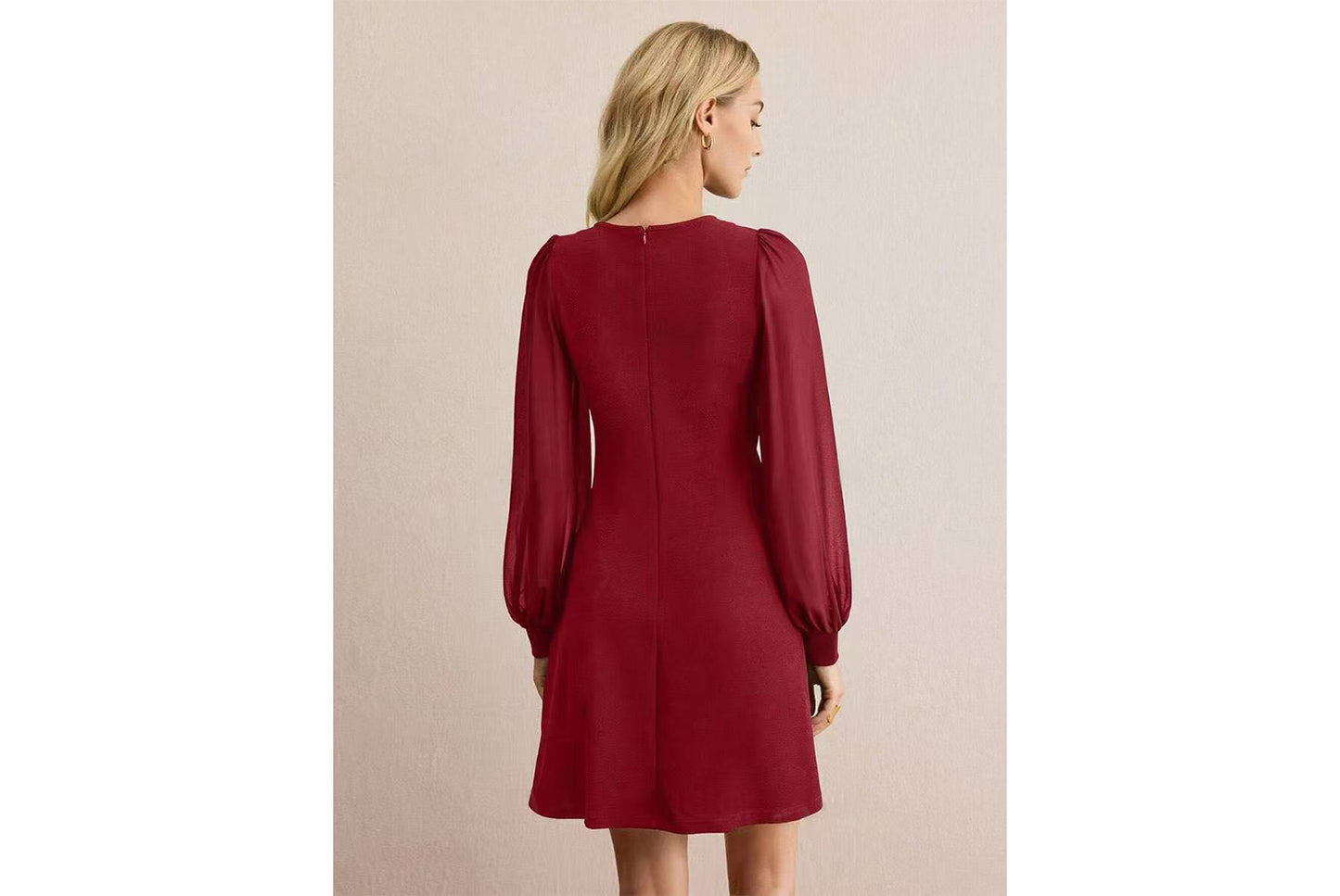 **Button-studded Slim Fit Long-Sleeve Solid Color Dress**