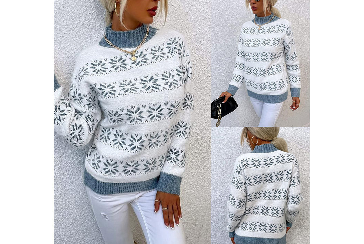 **Snowflake Pattern Half-Turtleneck Sweater Top**