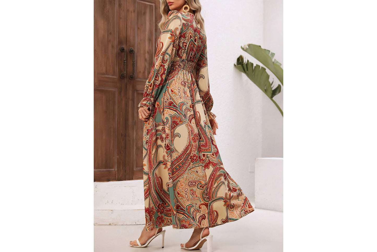 **Printed Maxi V-Neck Long-Sleeved Swing Dress**