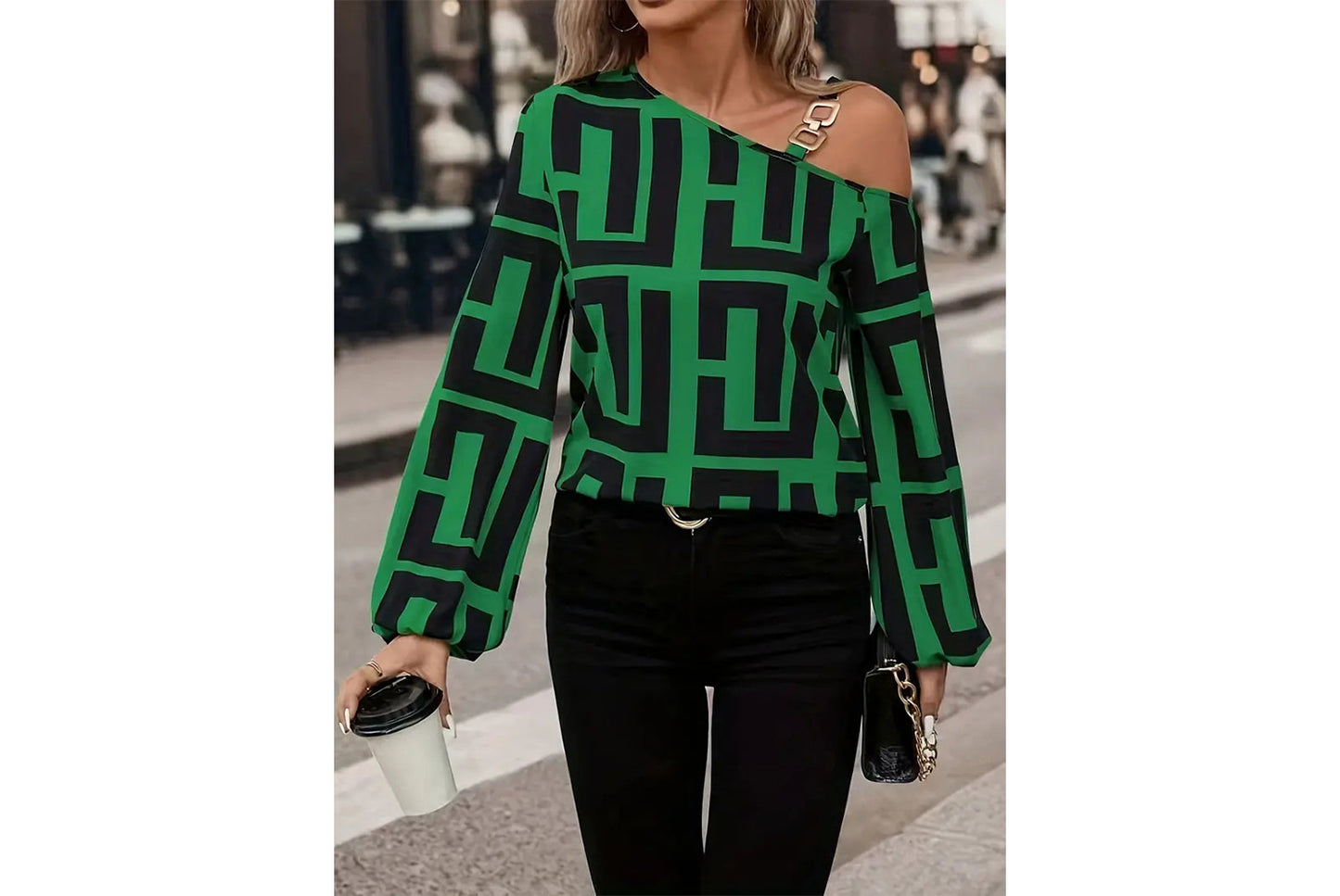 **Geometric Print Versatile Long-Sleeved, One-Neck Pullover Top**