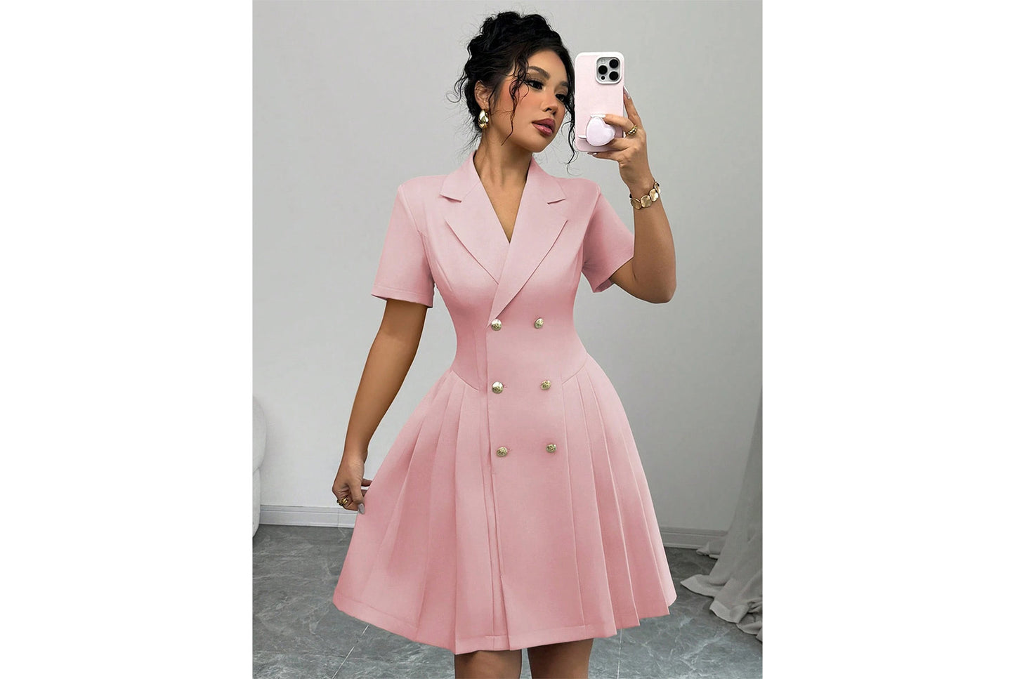 **Stylish Solid Color Short-Sleeved Double-Breasted Dress**