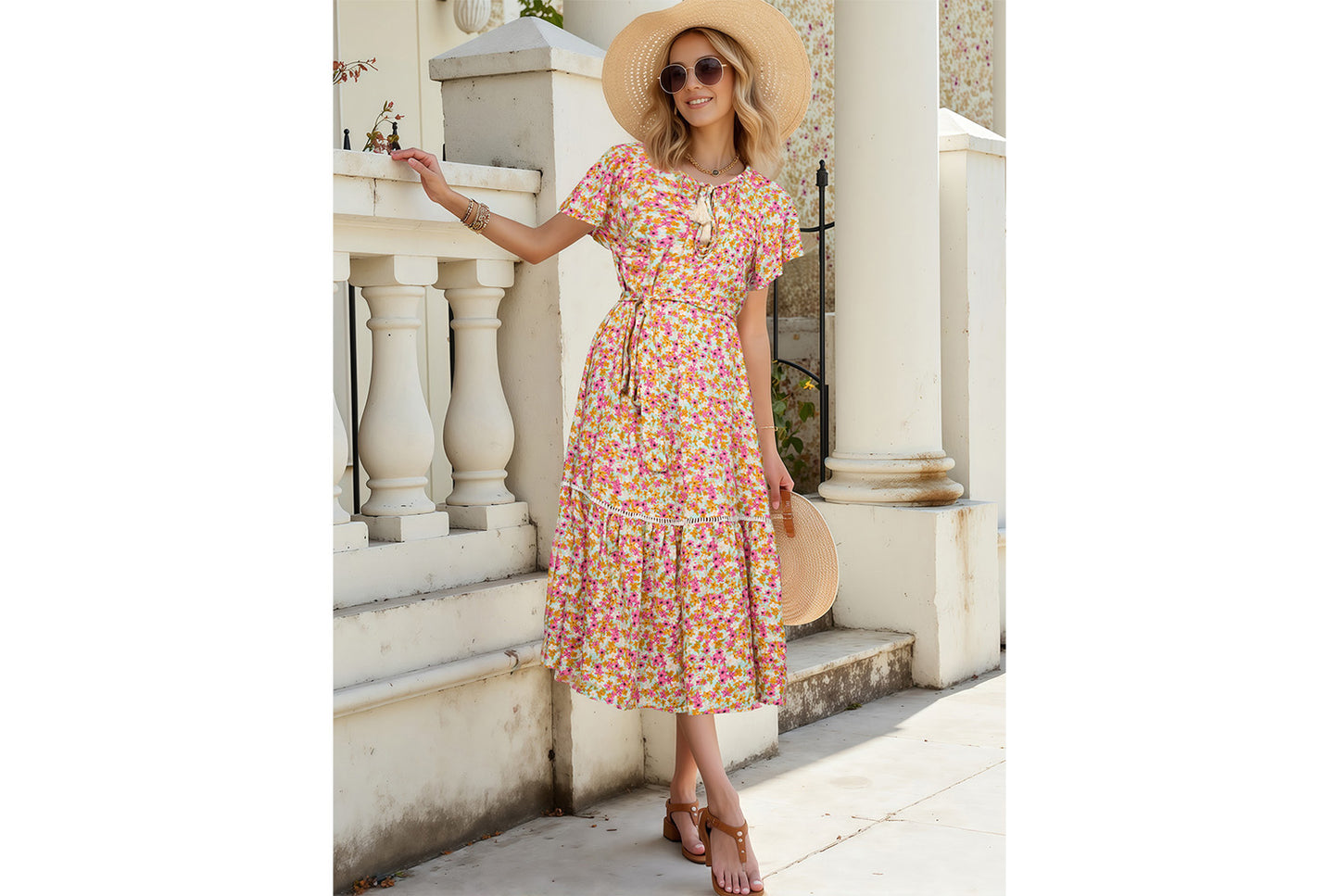 **Hollow Lace Trim and Ruffle Short-Sleeve Dress**