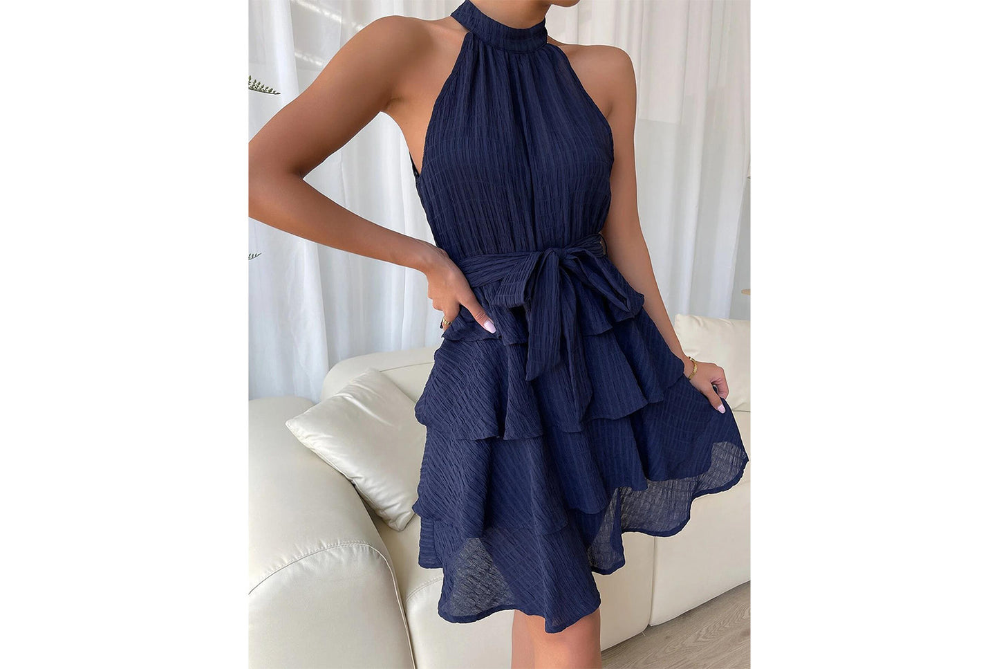 **Halter Neck Sleeveless Ruffled Dress**