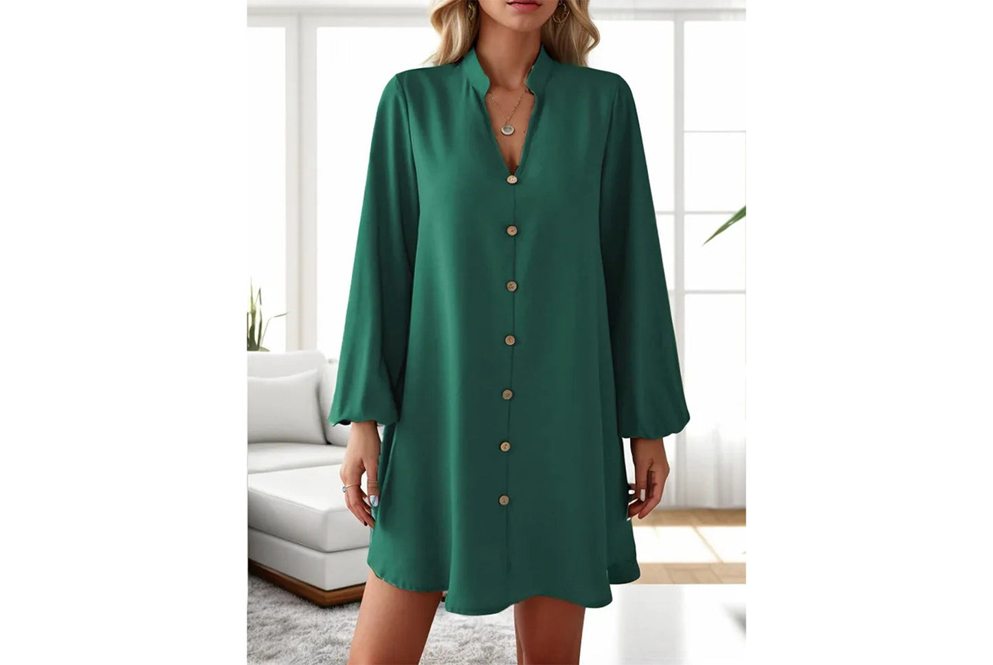 **Spring/Summer Long-Sleeved V-Neck Single-Breasted Loose-Fit Dress**