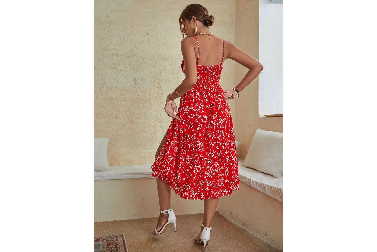 **Sling Print Dress with Slit Bottom**