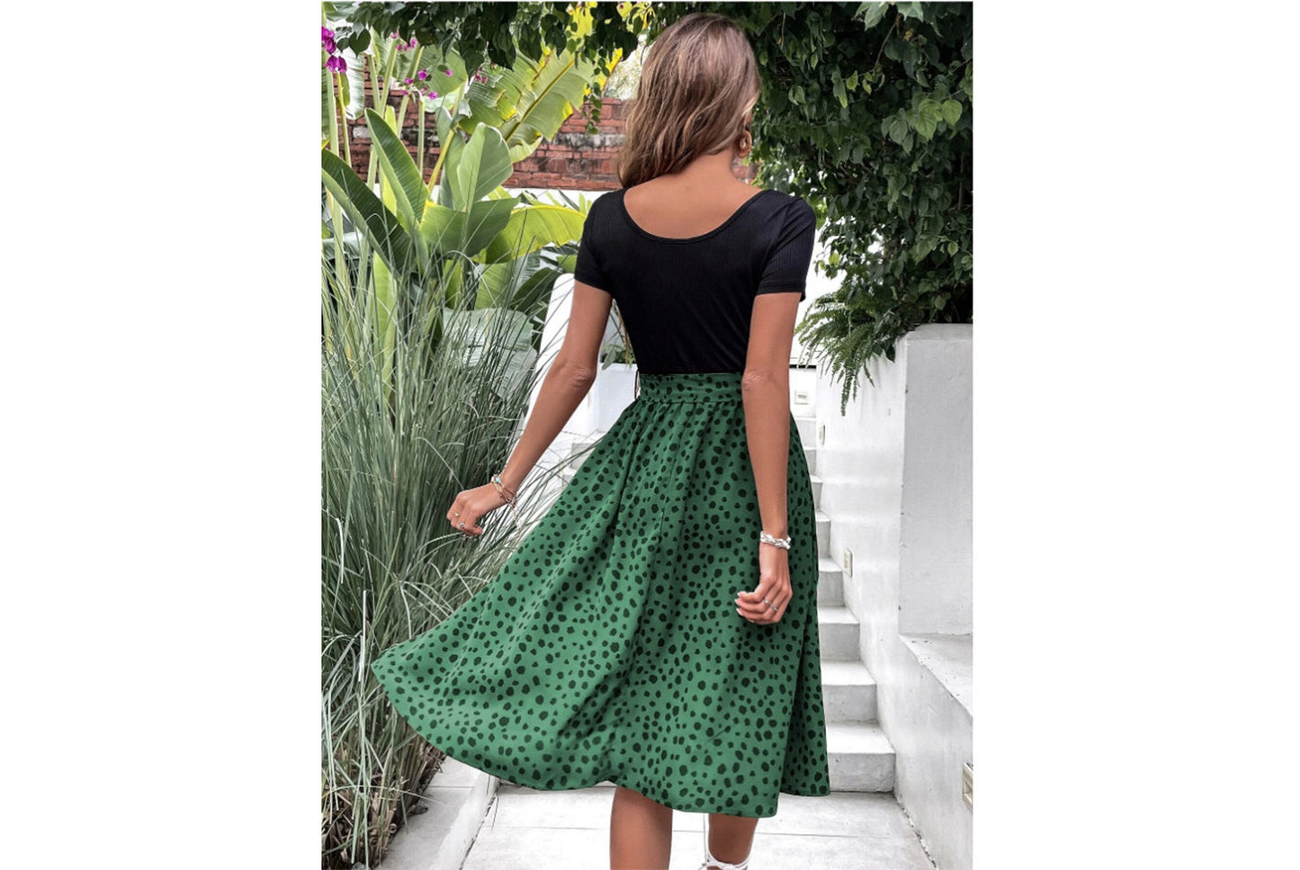 **Patchwork Round Neck Polka Dot Short Sleeve Dress**