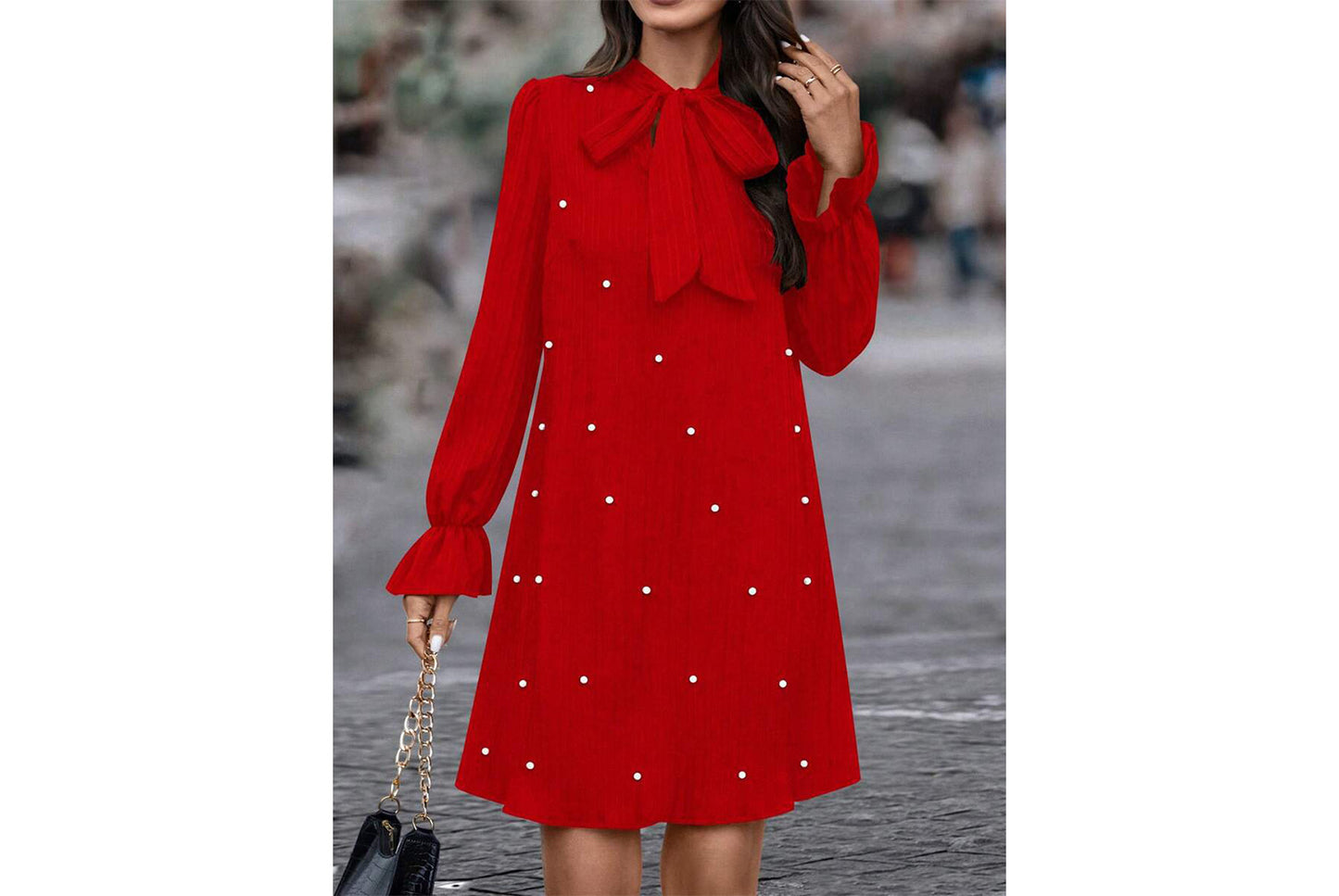 **Beaded Long-Sleeve Solid Color Loose-Fit Dress**