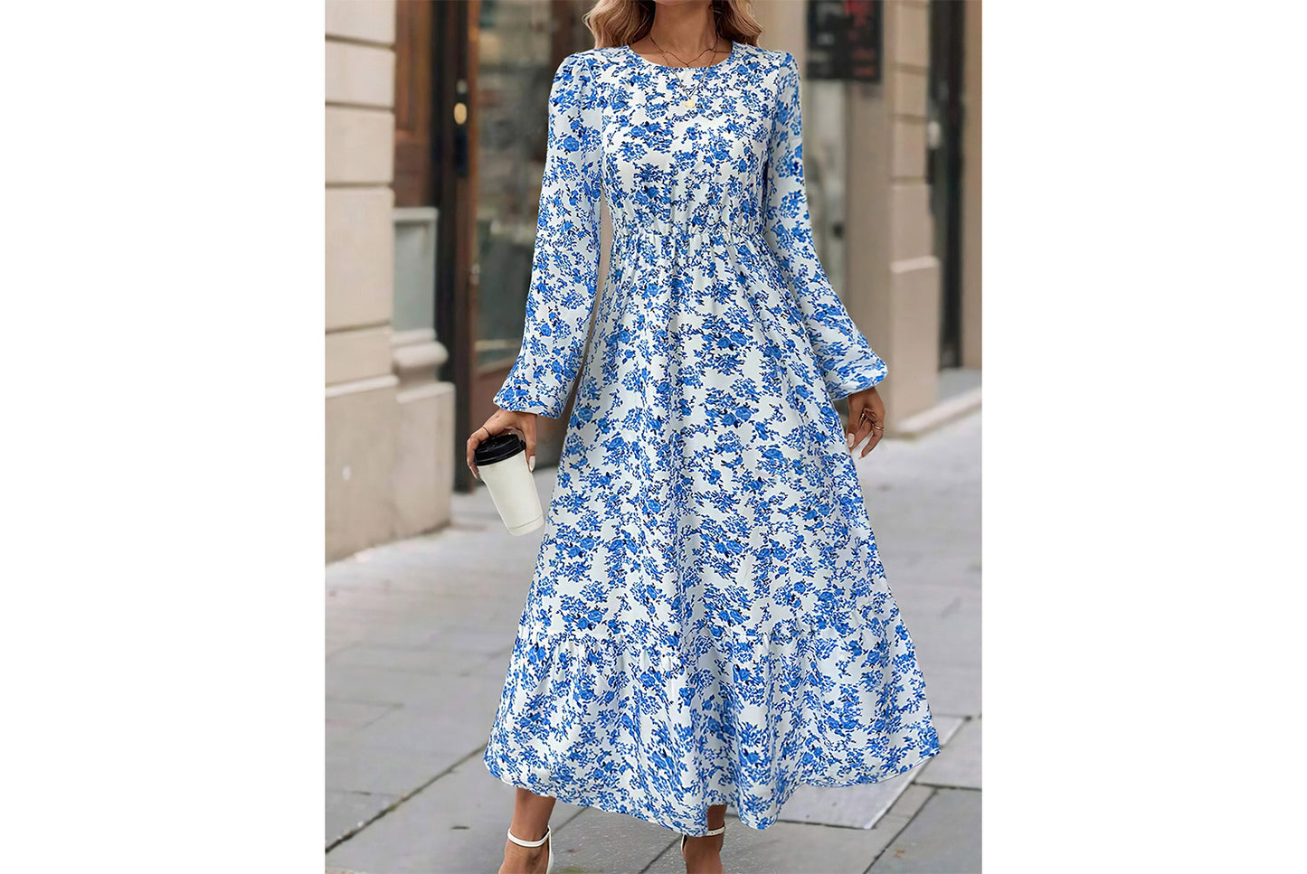 **Printed Round Neck Long-Sleeved Ruffle Dress**