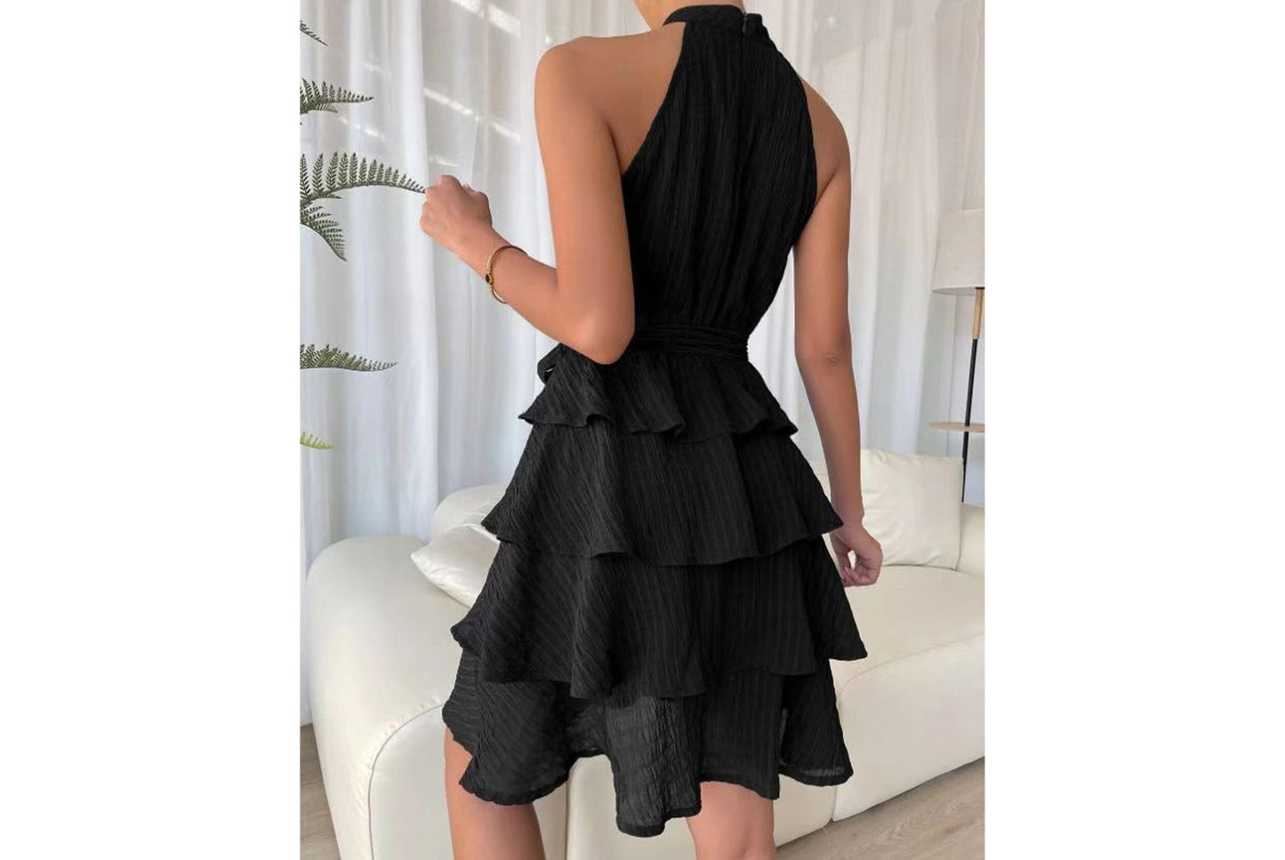 **Halter Neck Sleeveless Ruffled Dress**